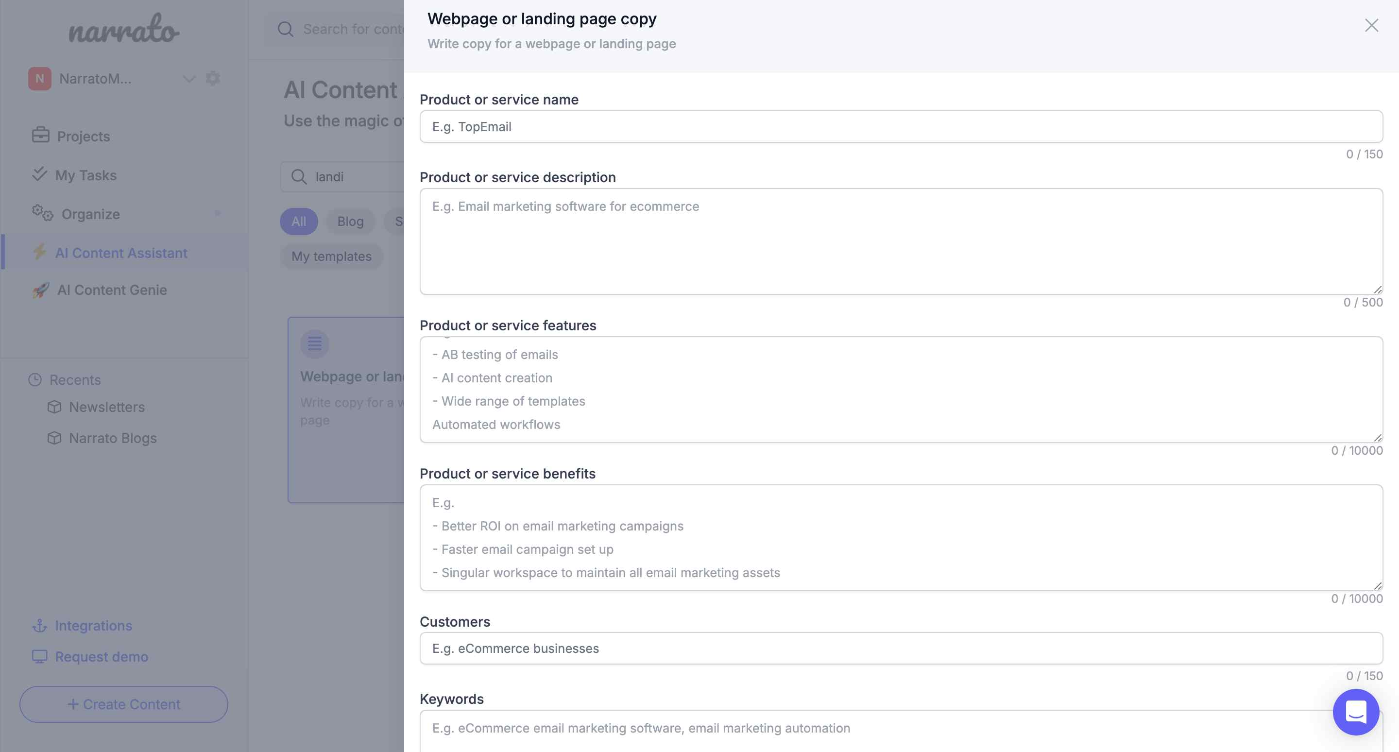 Narrato’s AI landing page generator