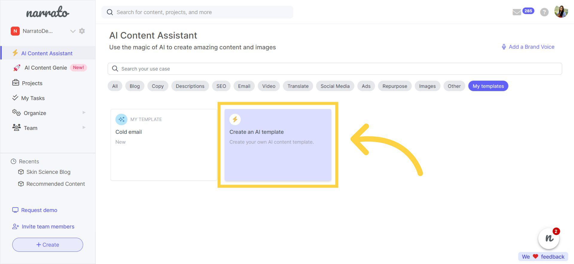 Opening the custom AI template generator