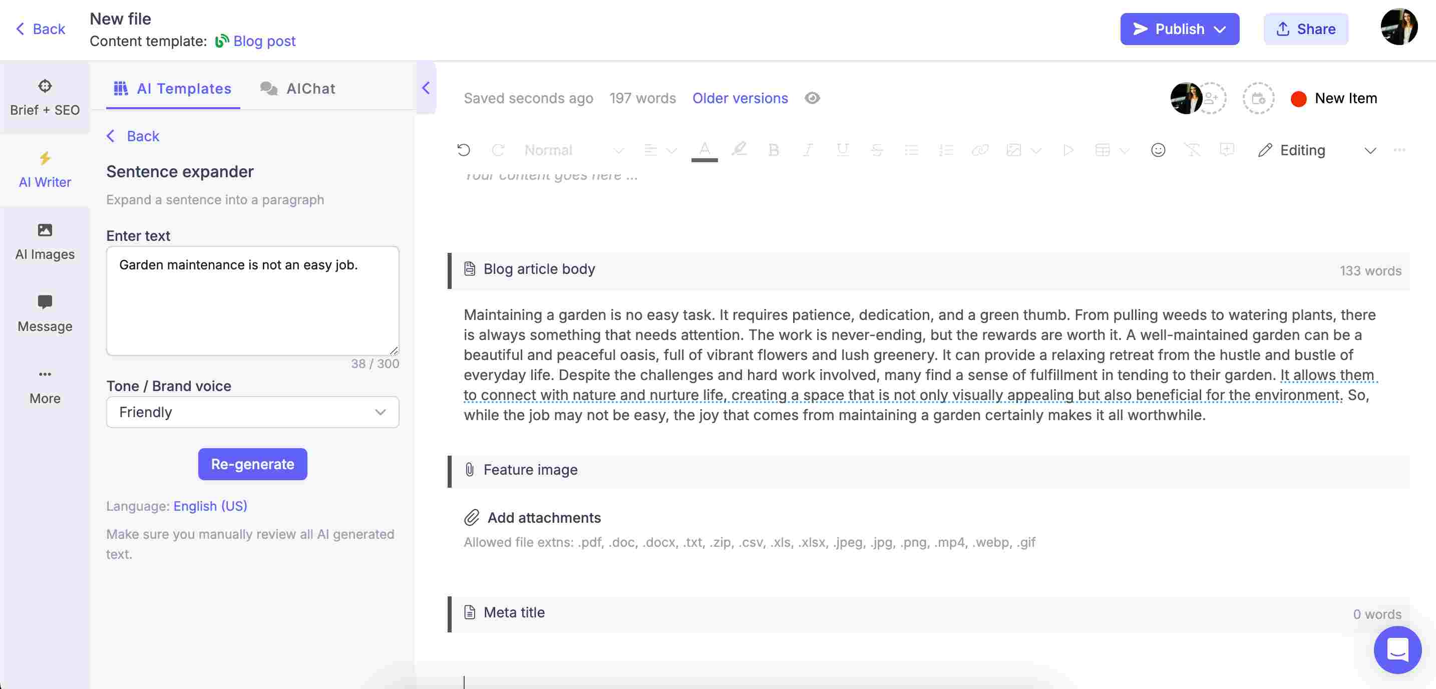 Narrato's AI sentence expander generating a paragraph