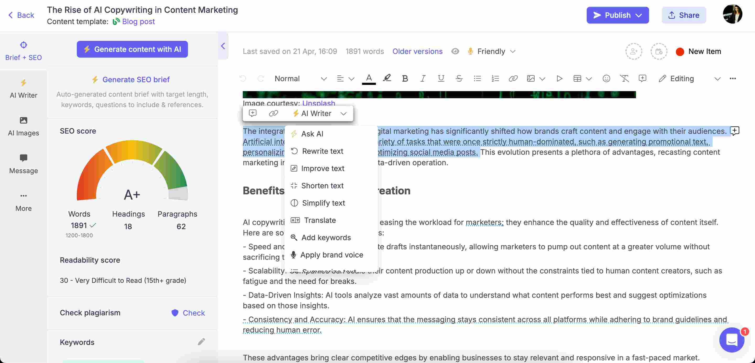 In-line AI writer on Narrato