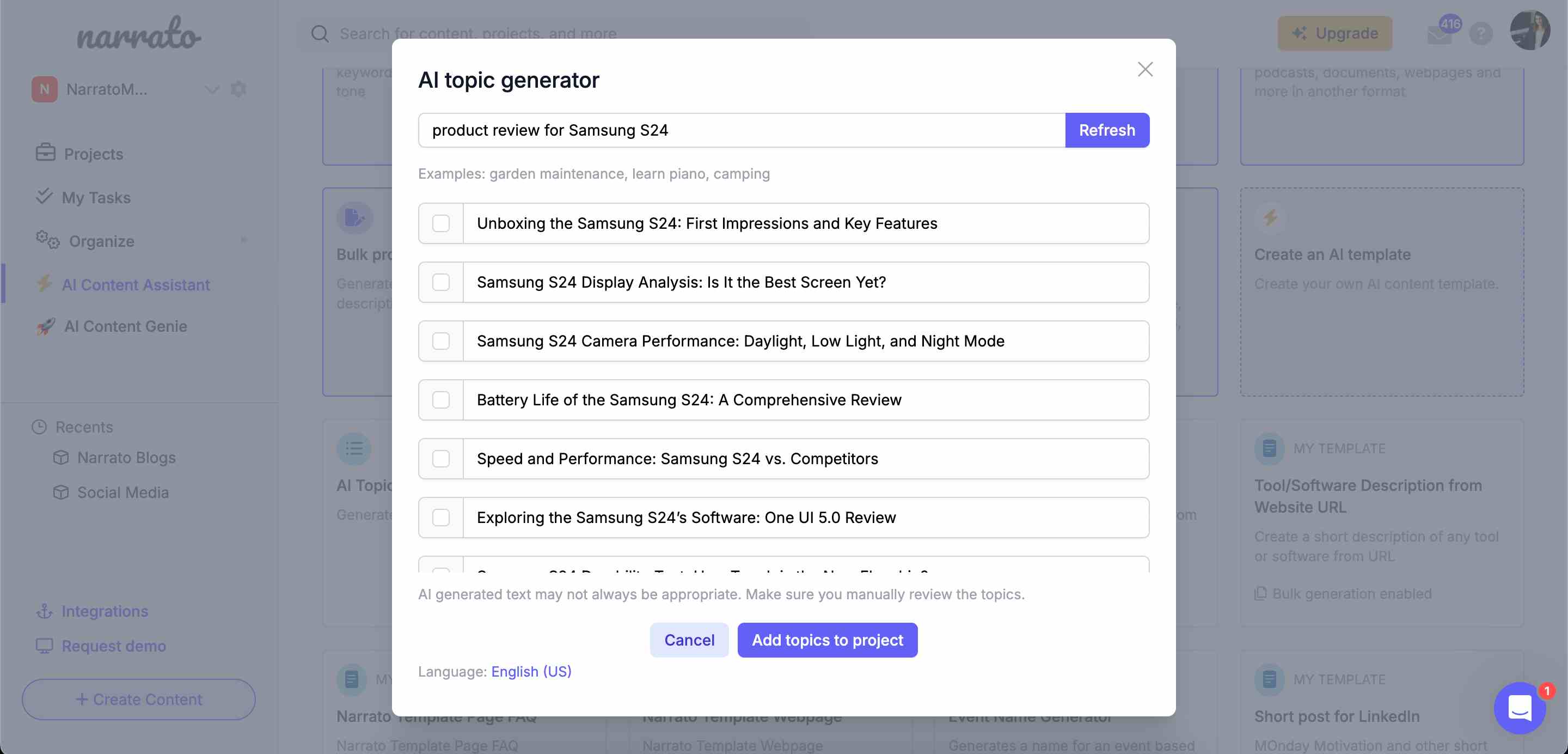 Narrato AI topic generator