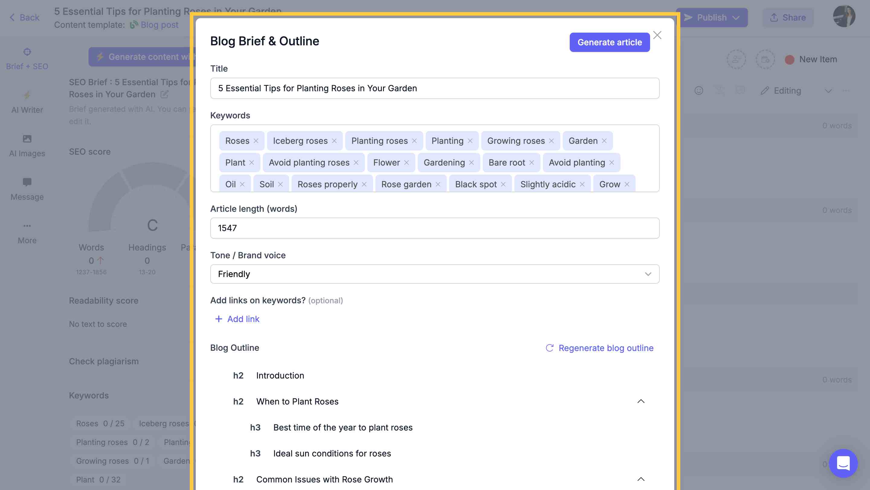 AI-generated blog brief and outline