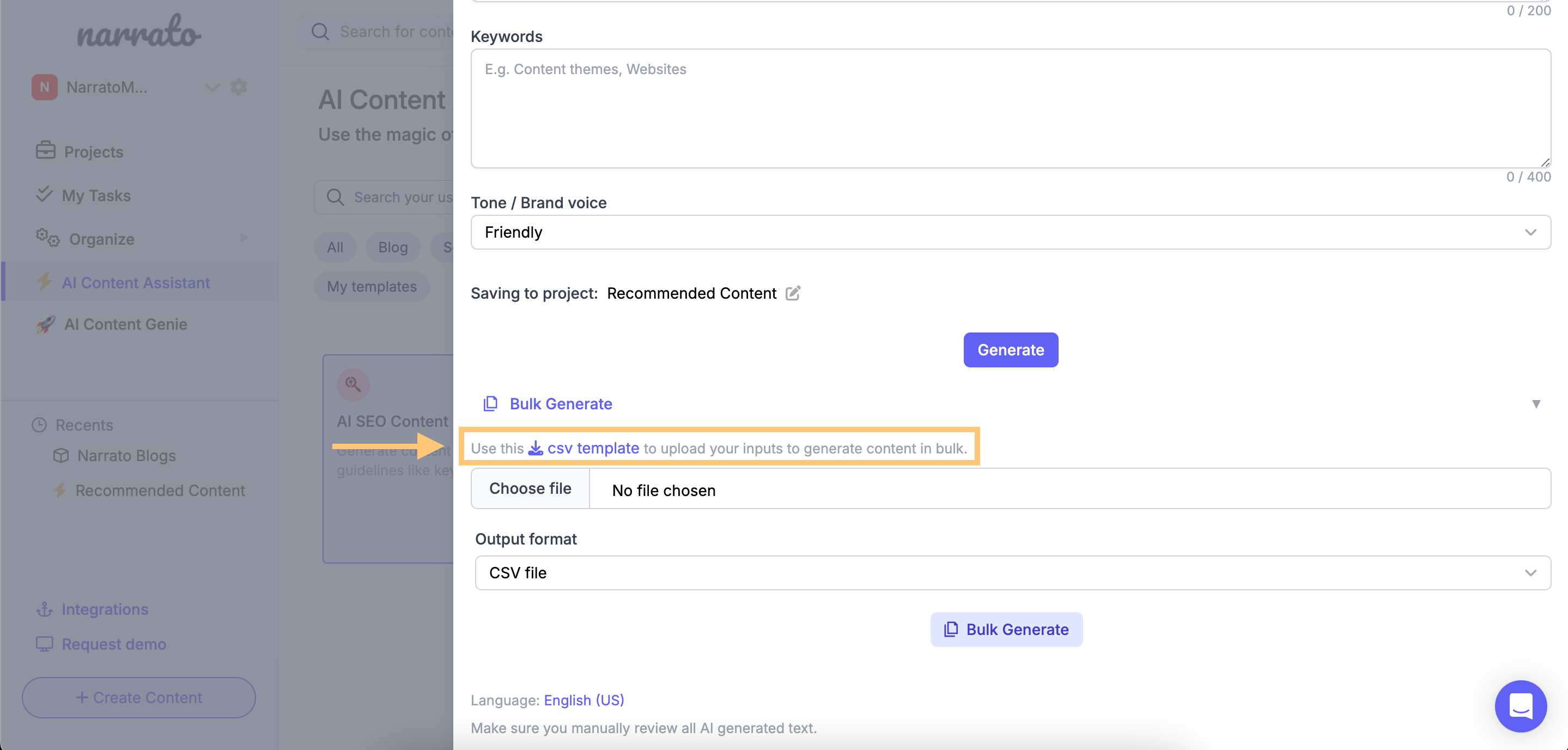 Download the CSV template for SEO meta description and title generation