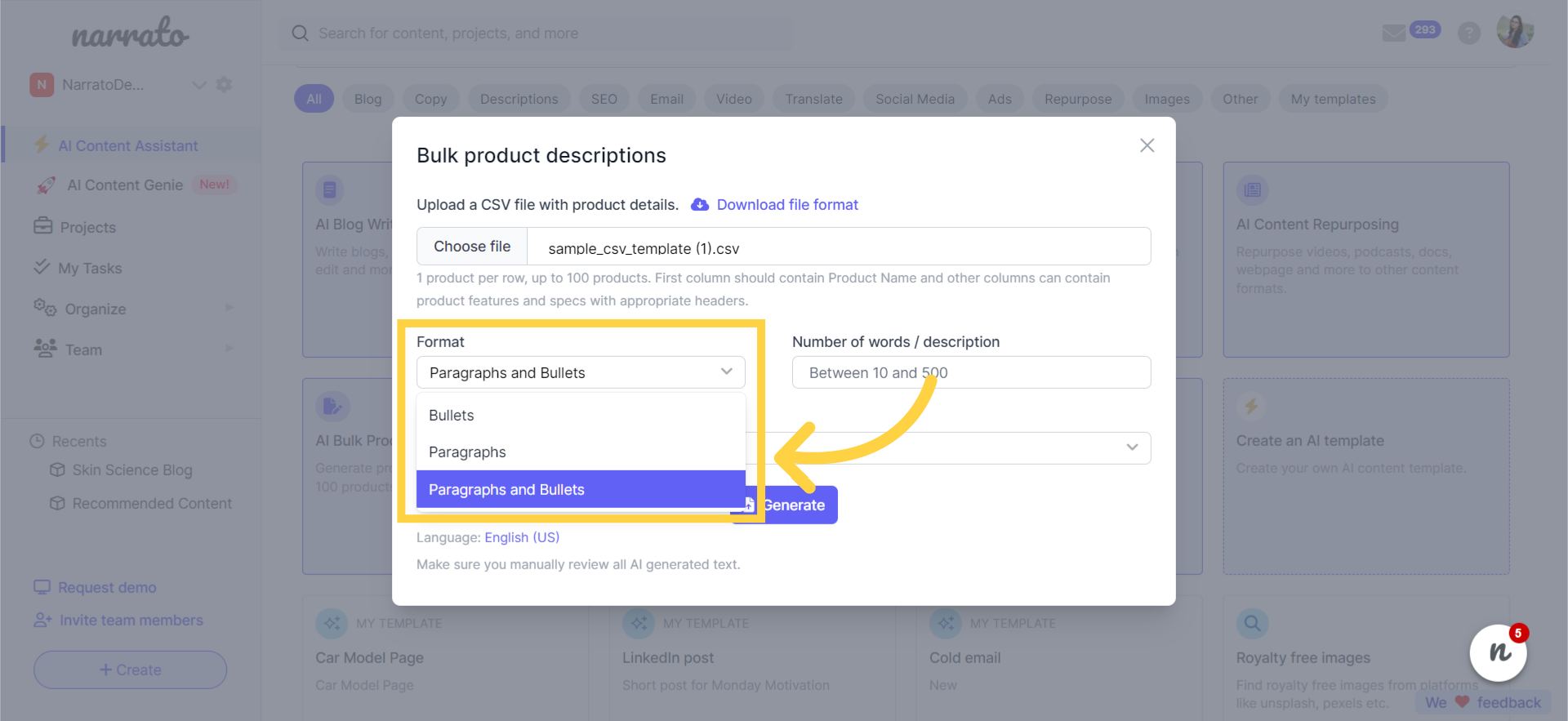 Selecting the format for the product description