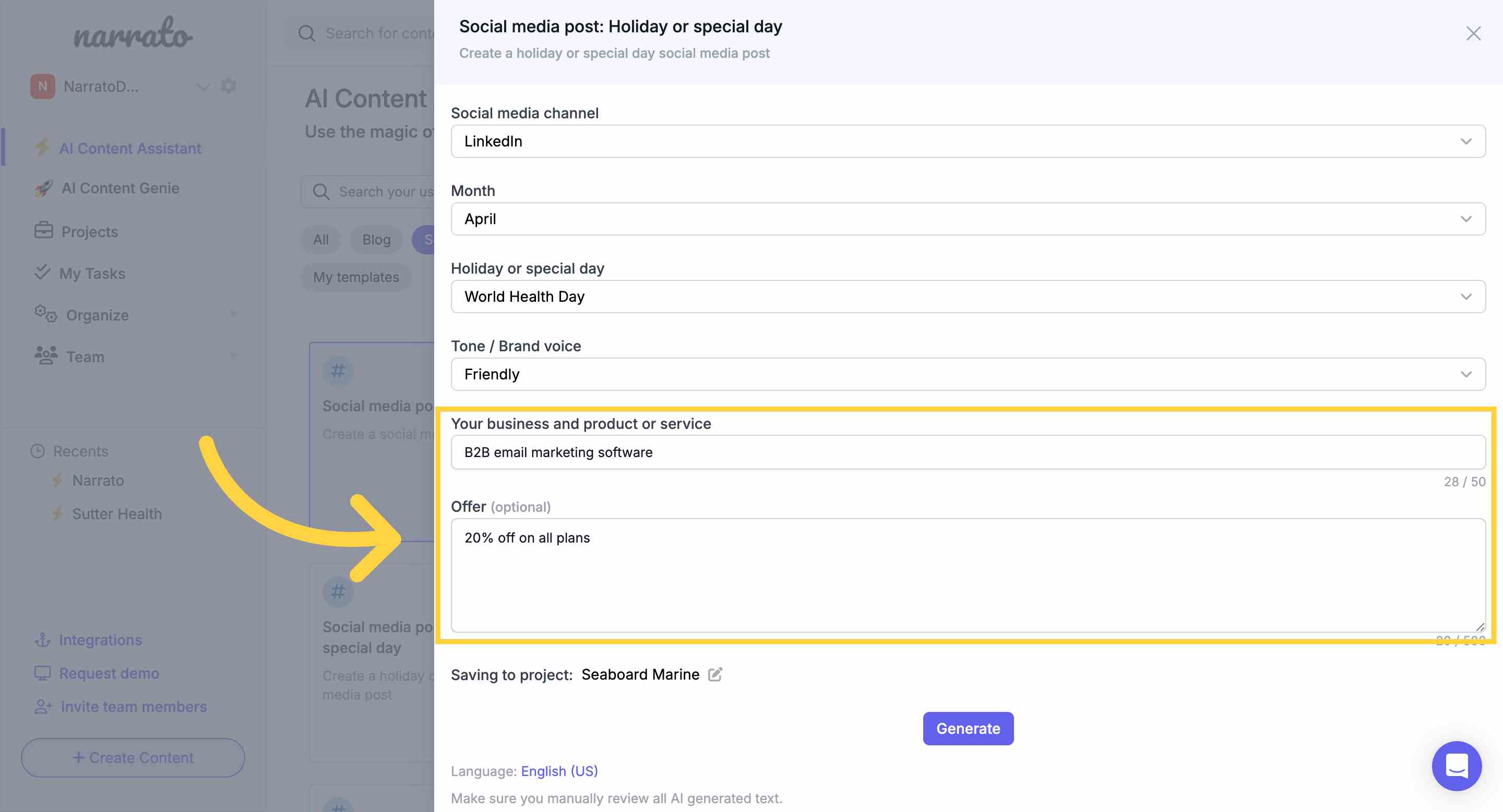 Adding your business & product details in the AI holiday post generator