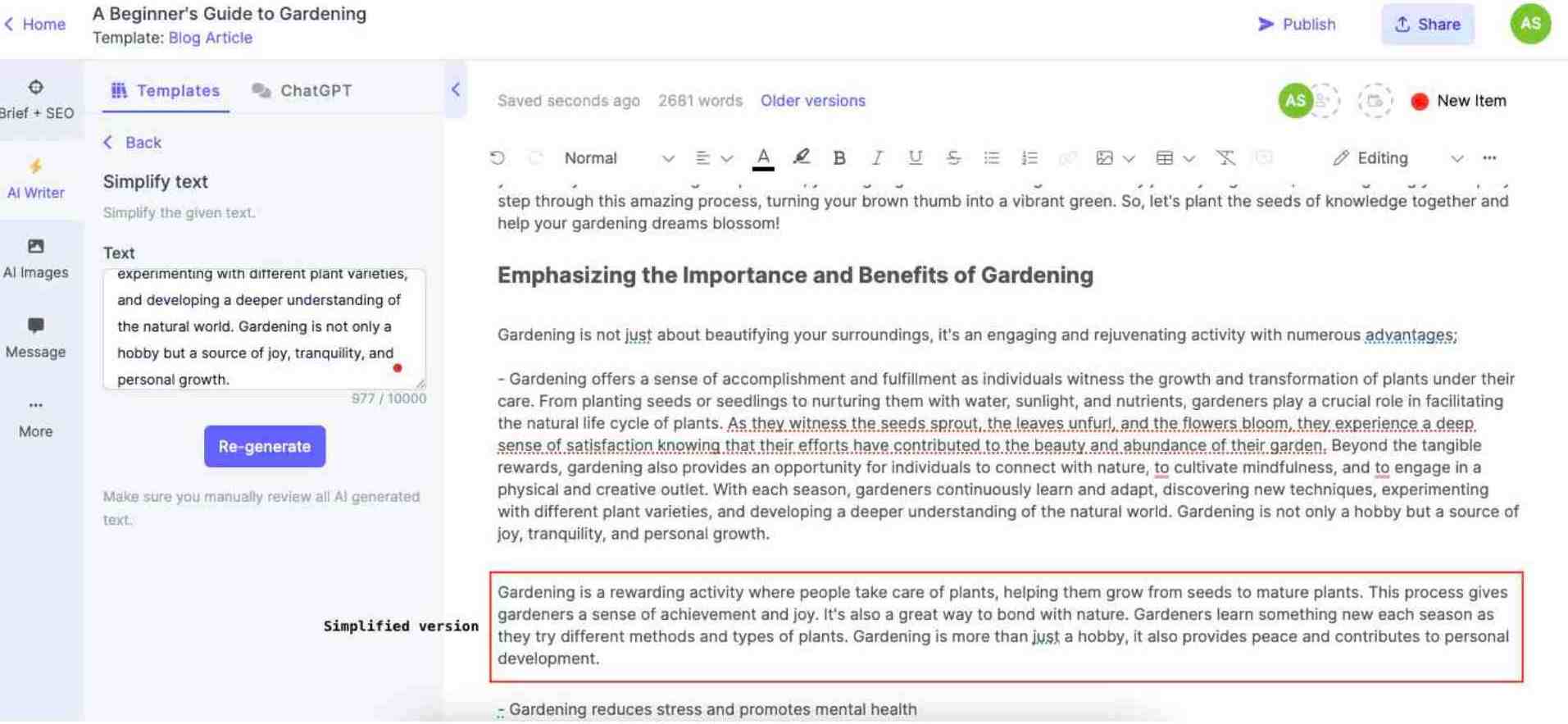 Narrato’s text simplification feature