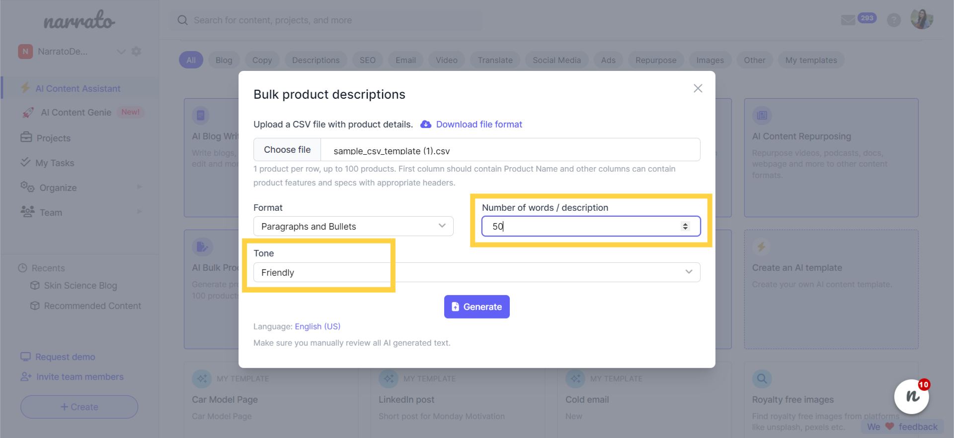 Setting the tone and length, and generating the description