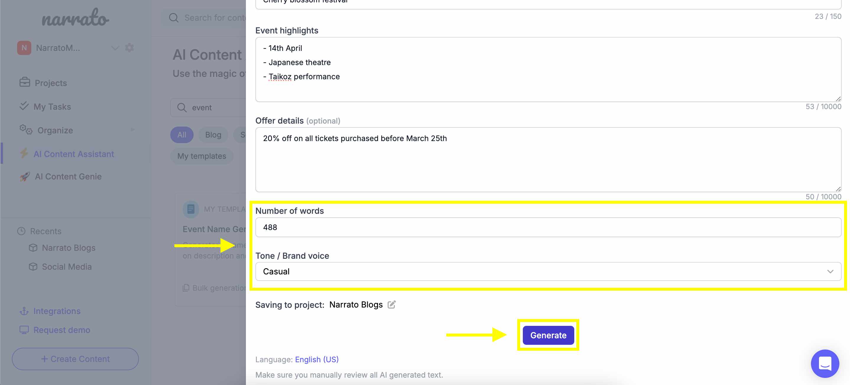 Specifying tone and desired word count in the AI event promotion email template