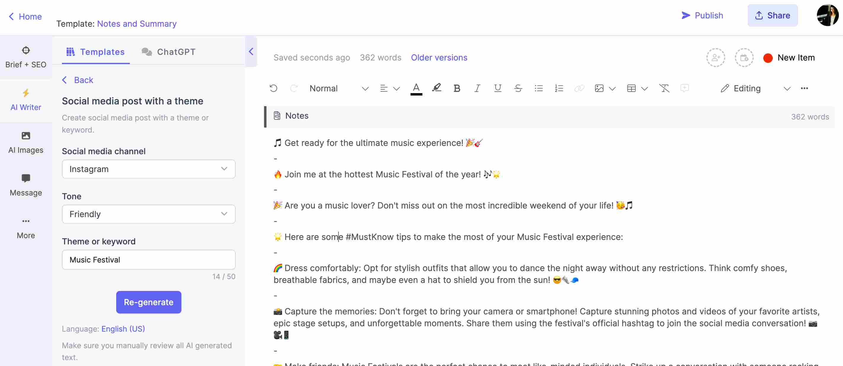 Generating social media post using Narrato’s AI social post generator