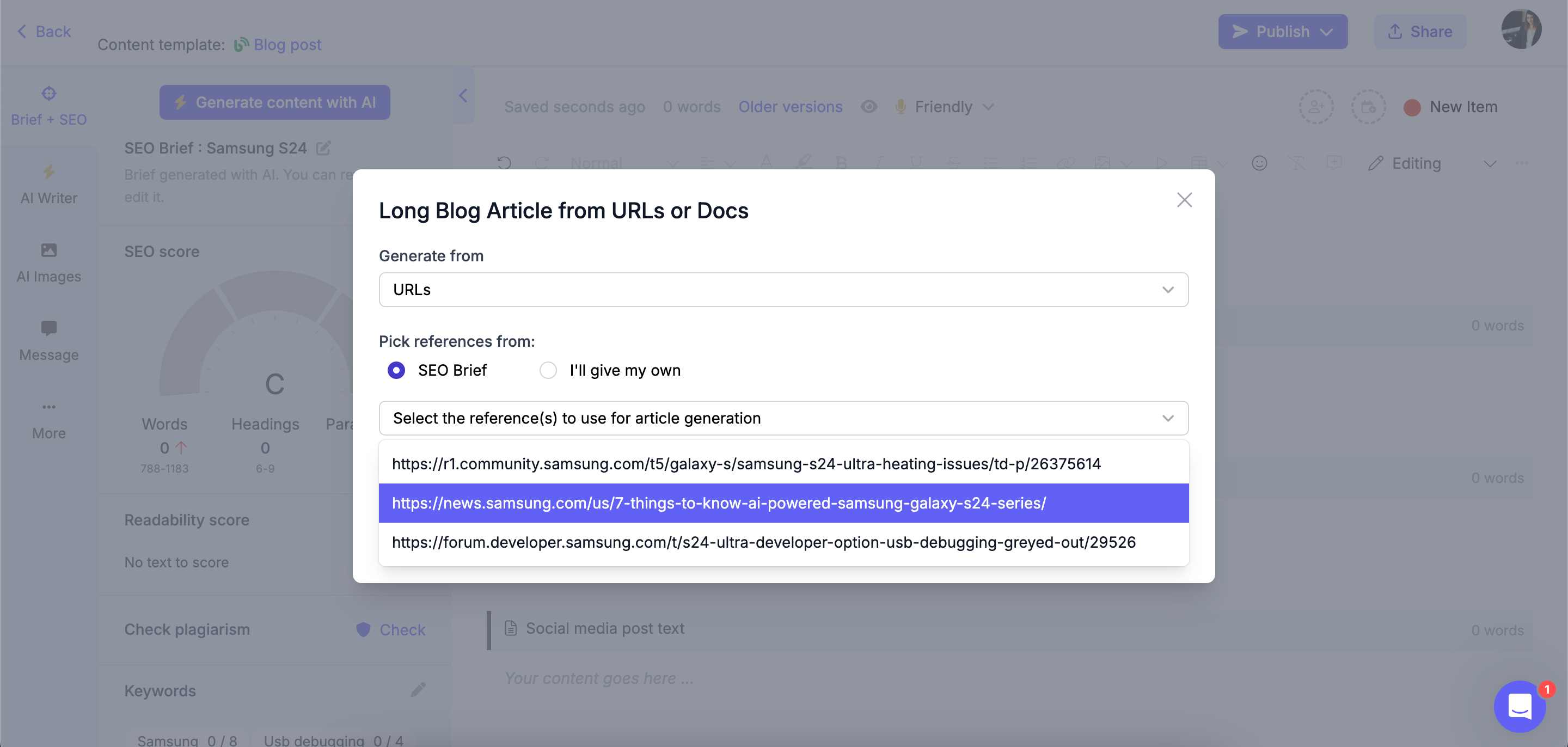 Selecting product references to generate product review from SEO brief