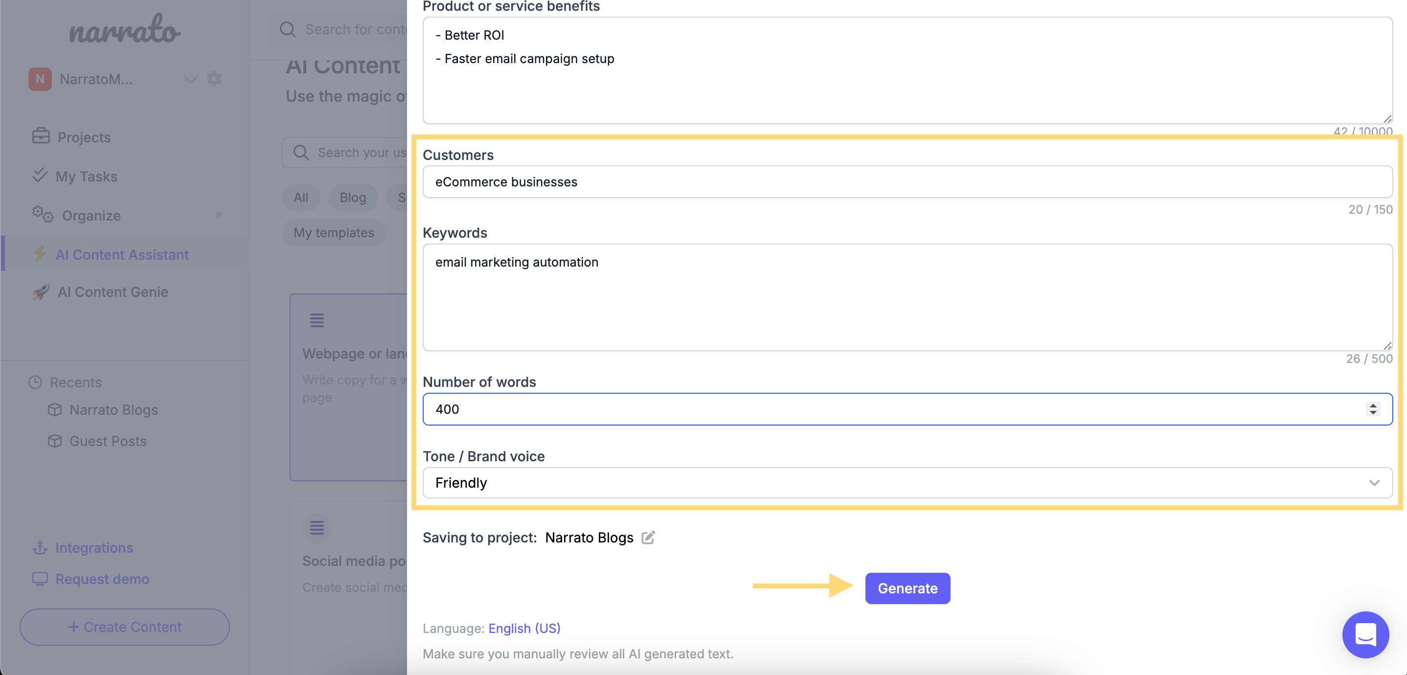 Setting customization parameters in the AI copywriter