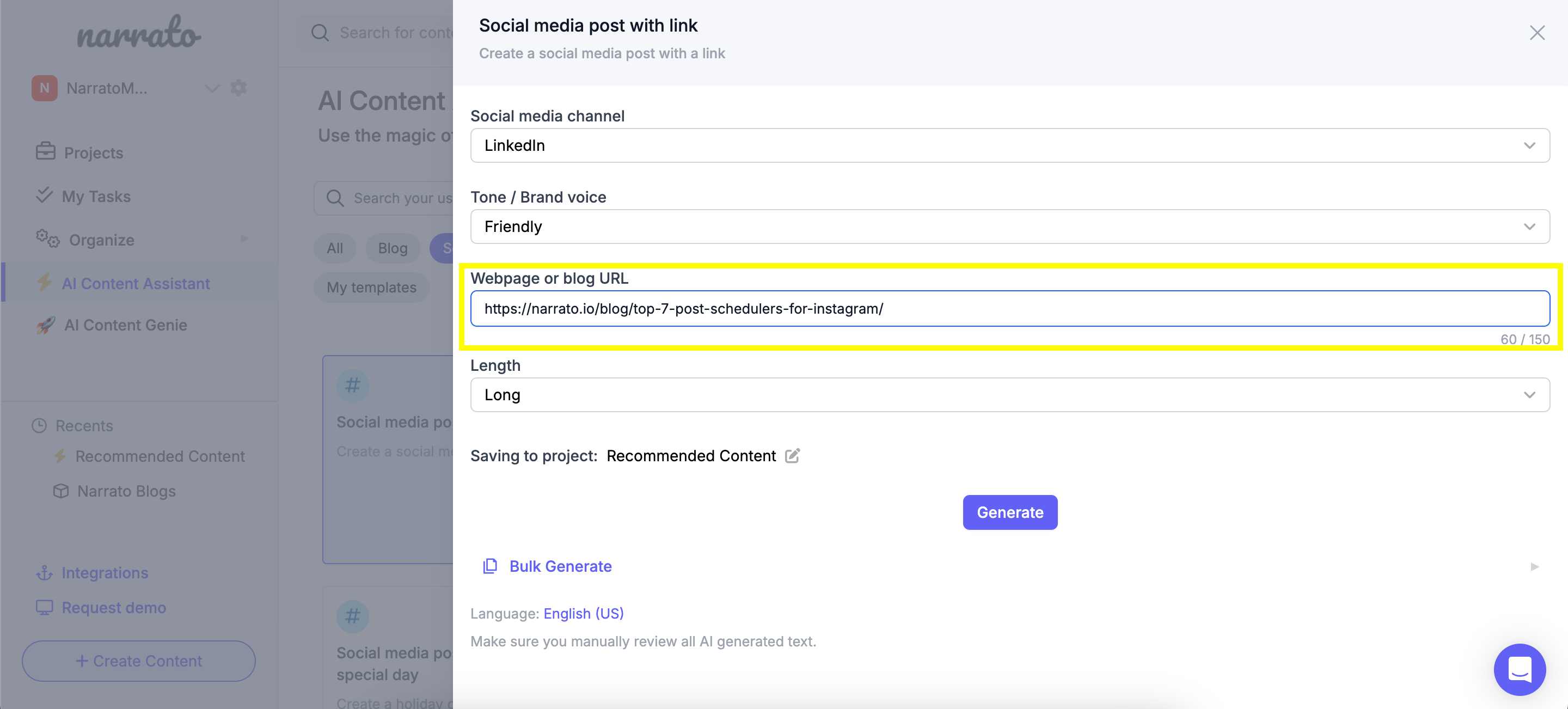 Creating a social post with link using AI