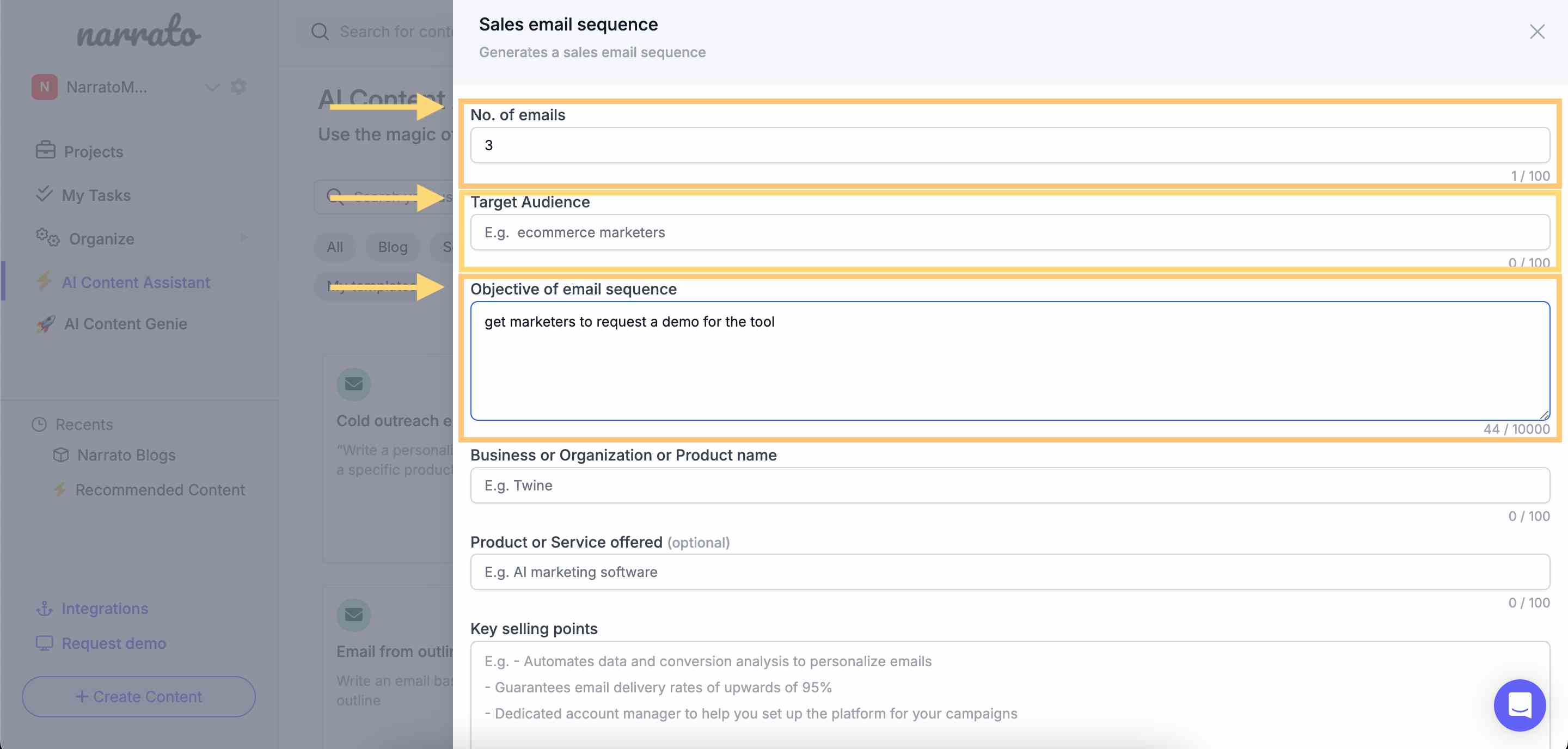 Specifying the no. of emails, objective, and target audience for the email