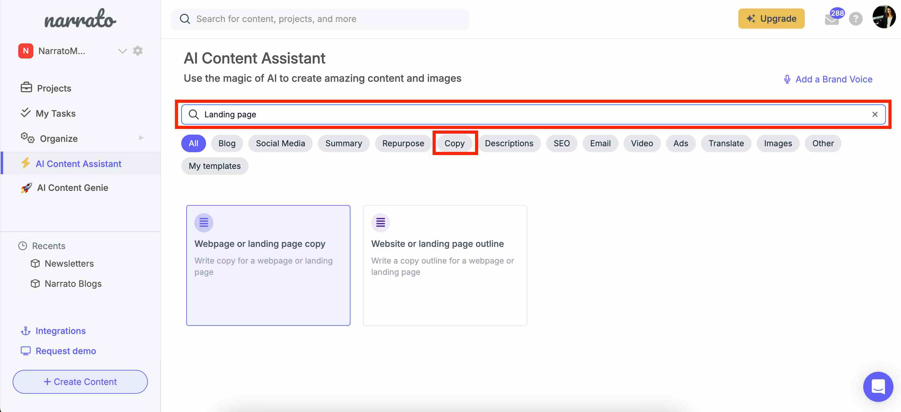 Opening Narrato’s AI landing page generator