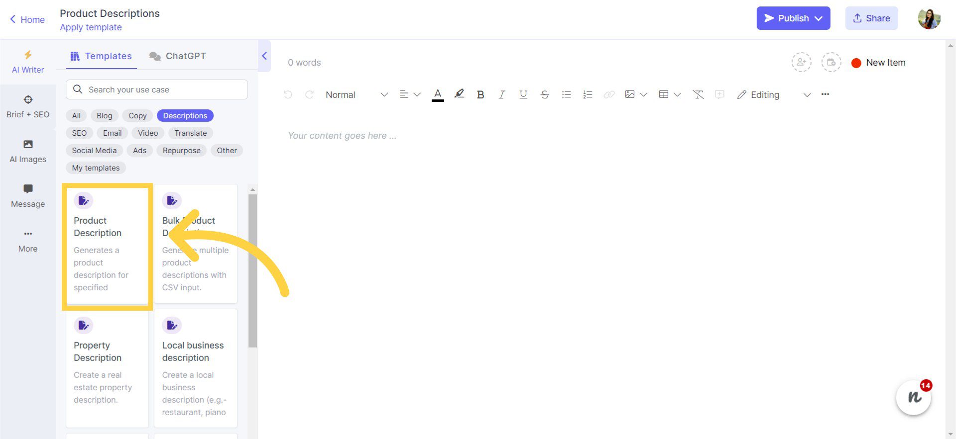 Narrato’s AI product description generator on the content task page