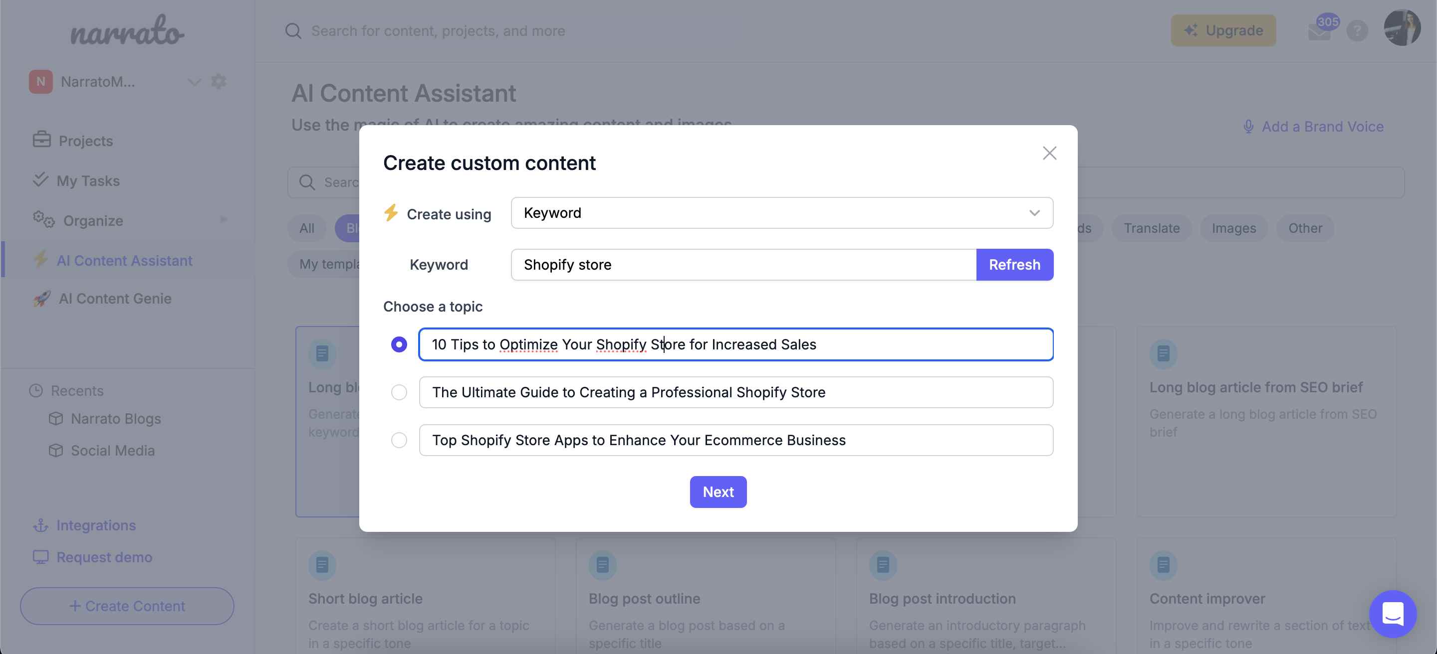 AI-generated blog topics on Narrato’s AI blog writer