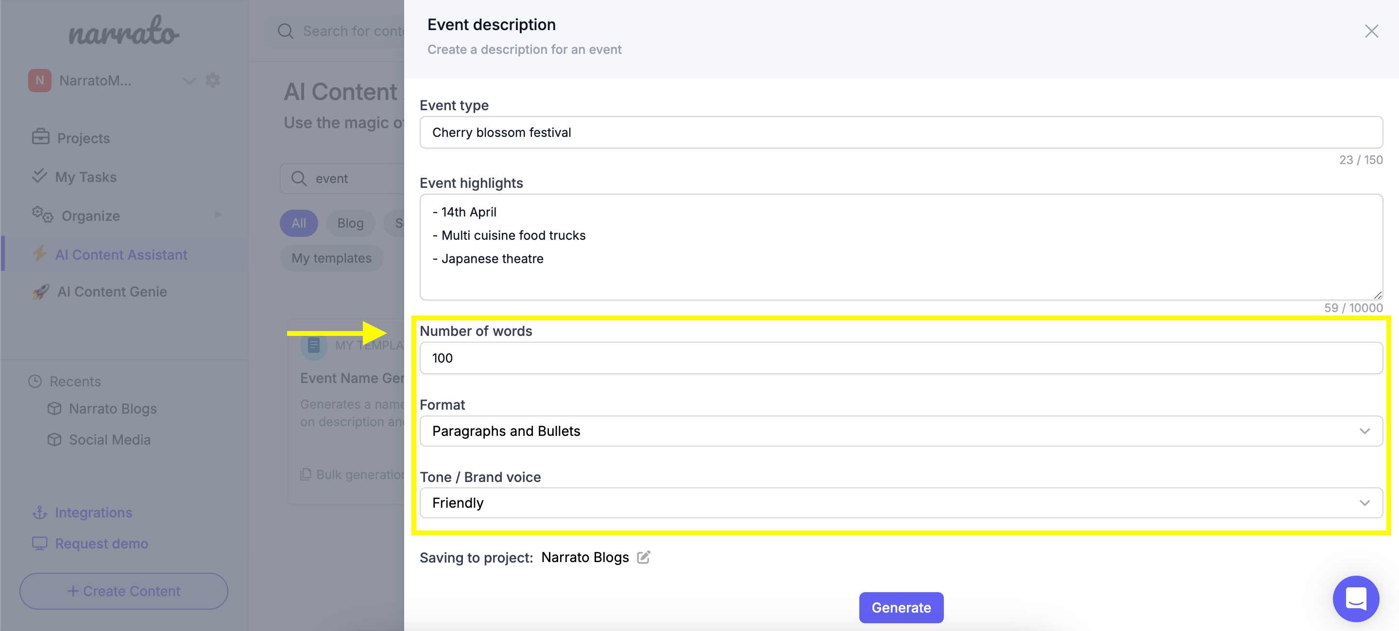 Specifying the parameters in the AI event description generator