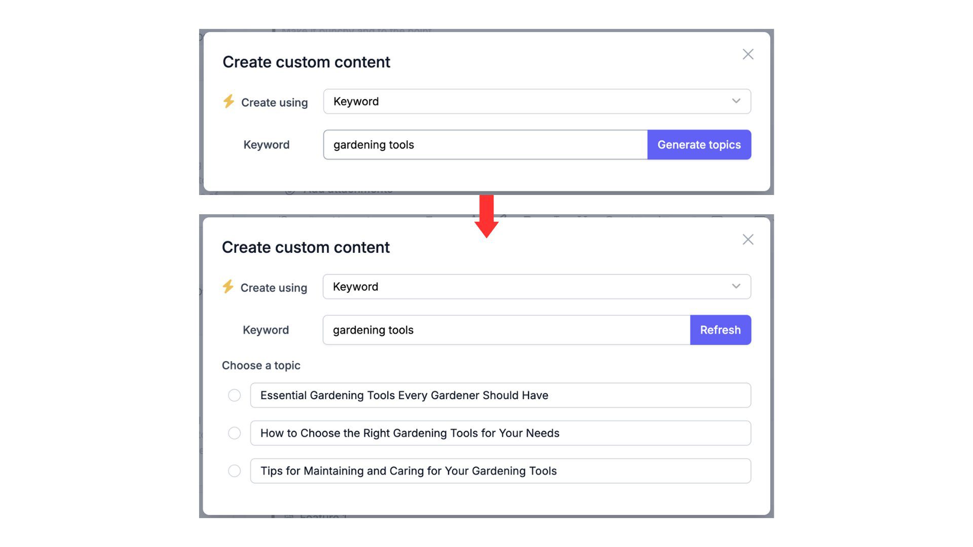 Narrato’s AI blog writer suggesting blog topics from keywords