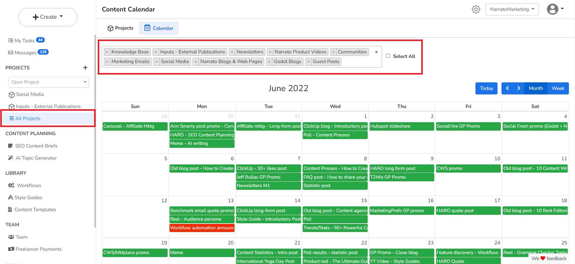 Narrato Content calendar