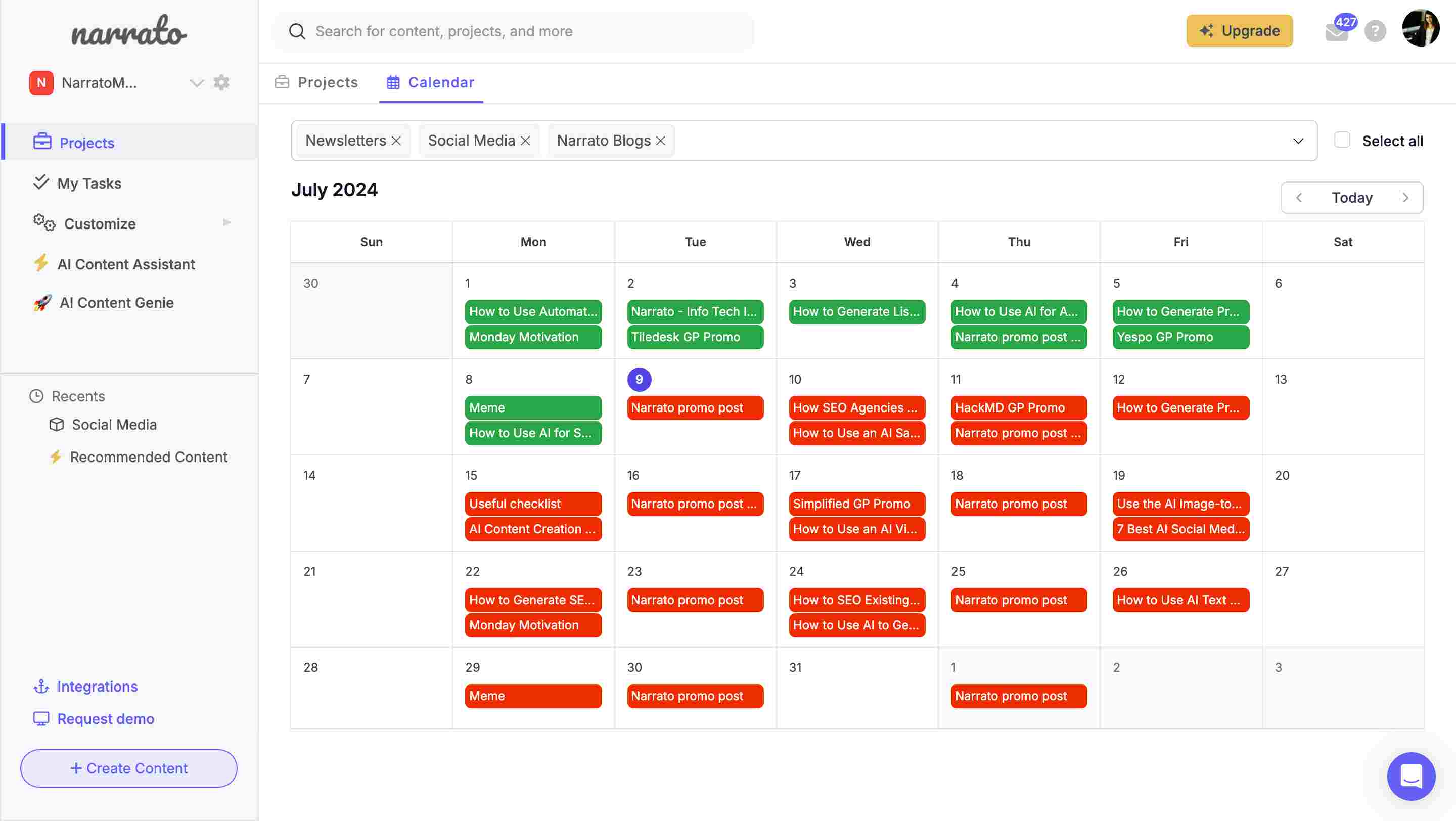 Global content calendar on Narrato