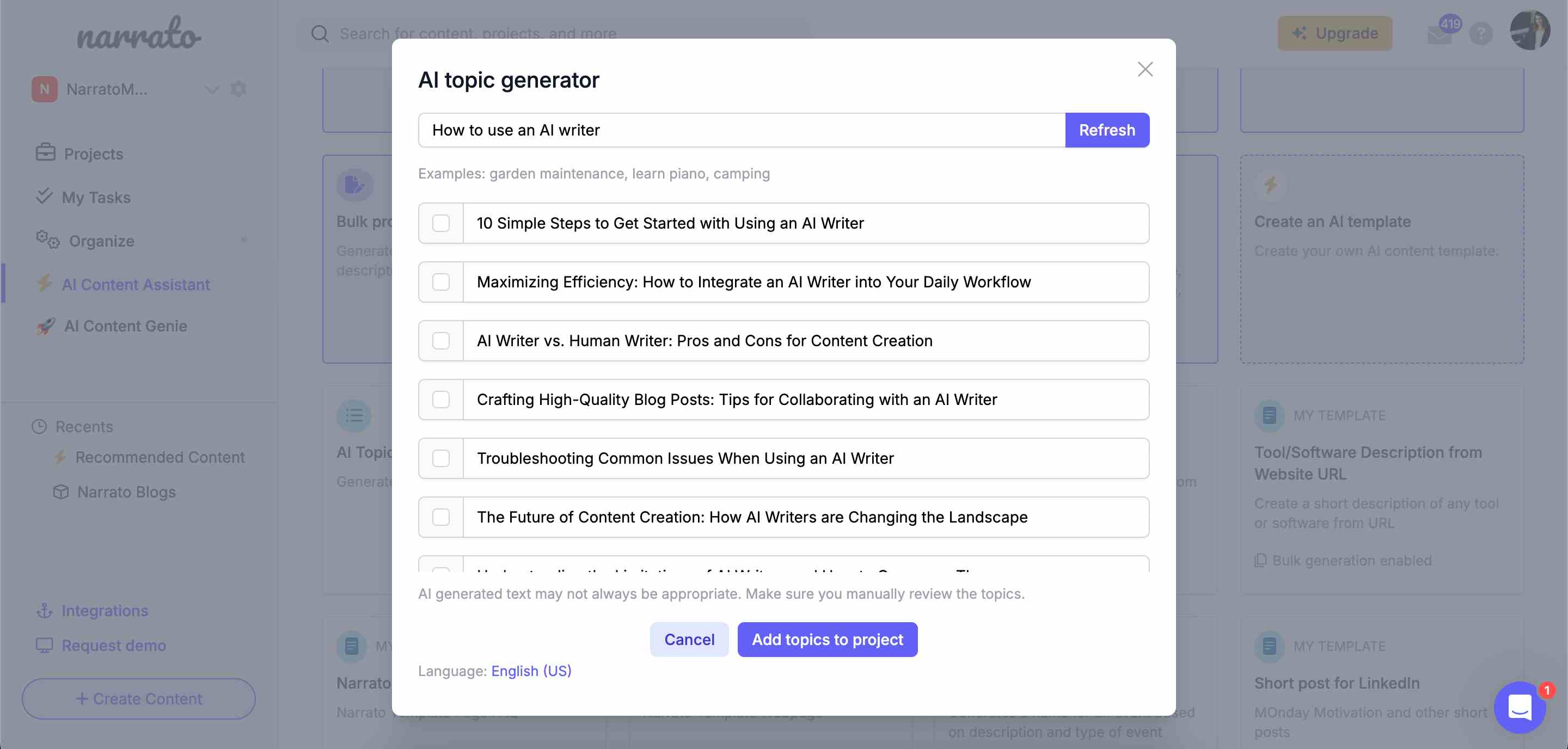 Narrato's AI Topic Generator