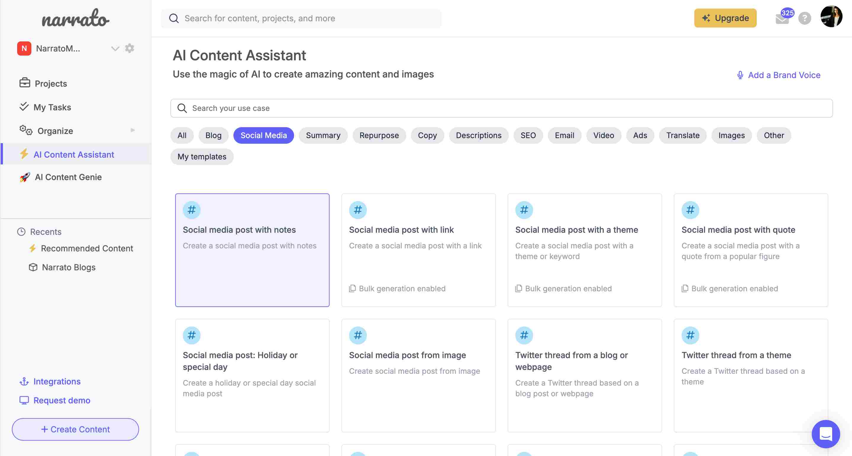 AI social media content generation templates on Narrato