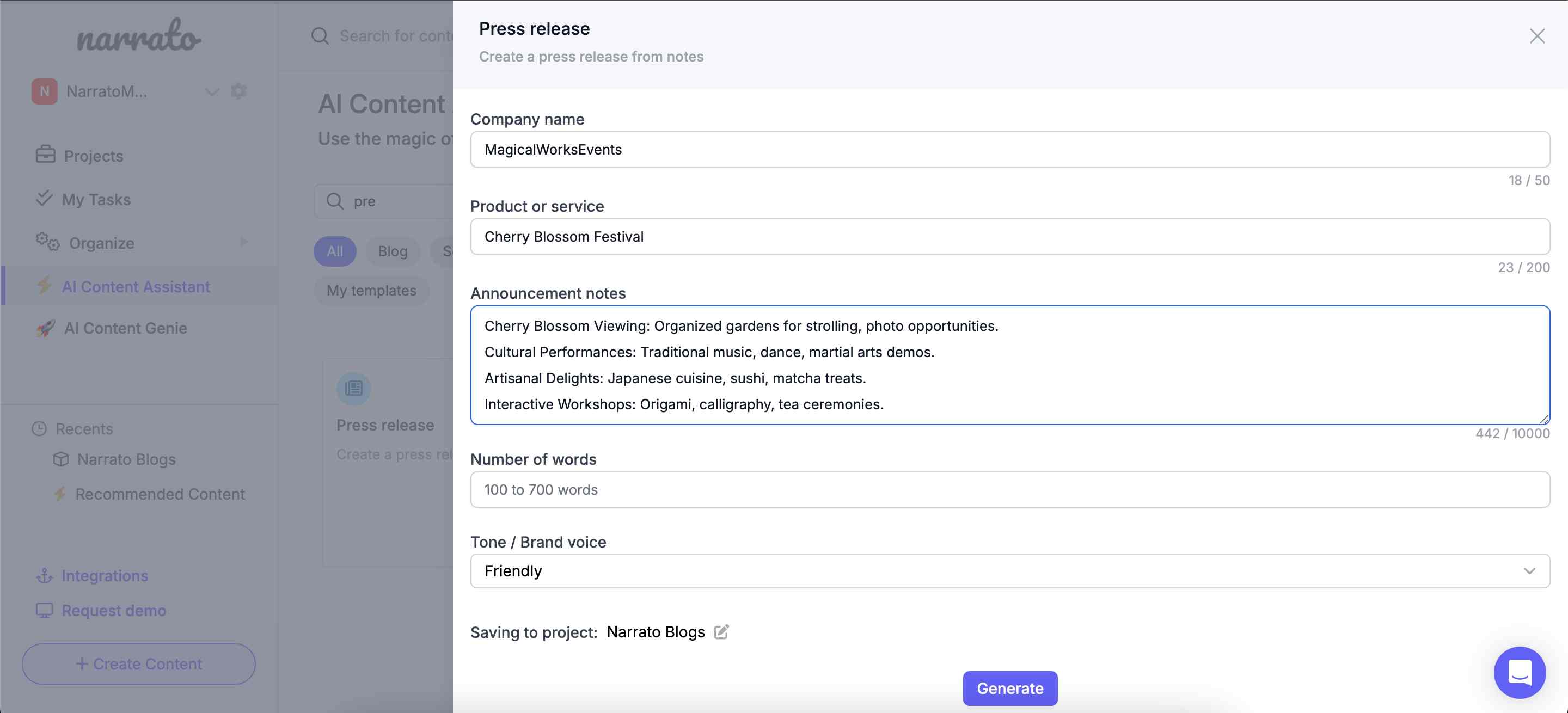Providing relevant inputs to the AI press release generator