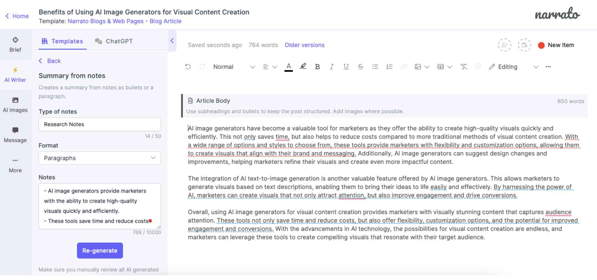 AI summary generator on Narrato