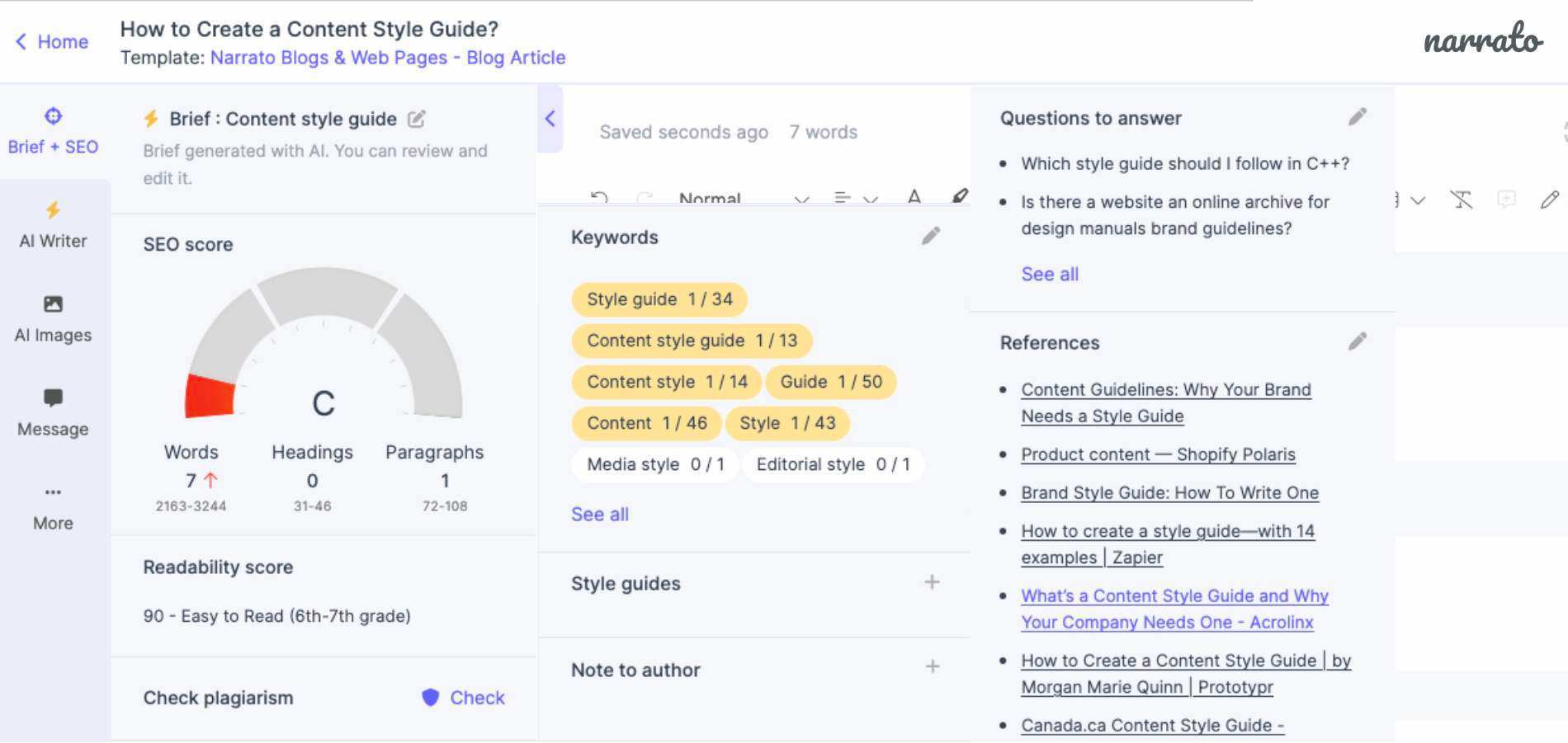 Narrato’s AI SEO content brief generator