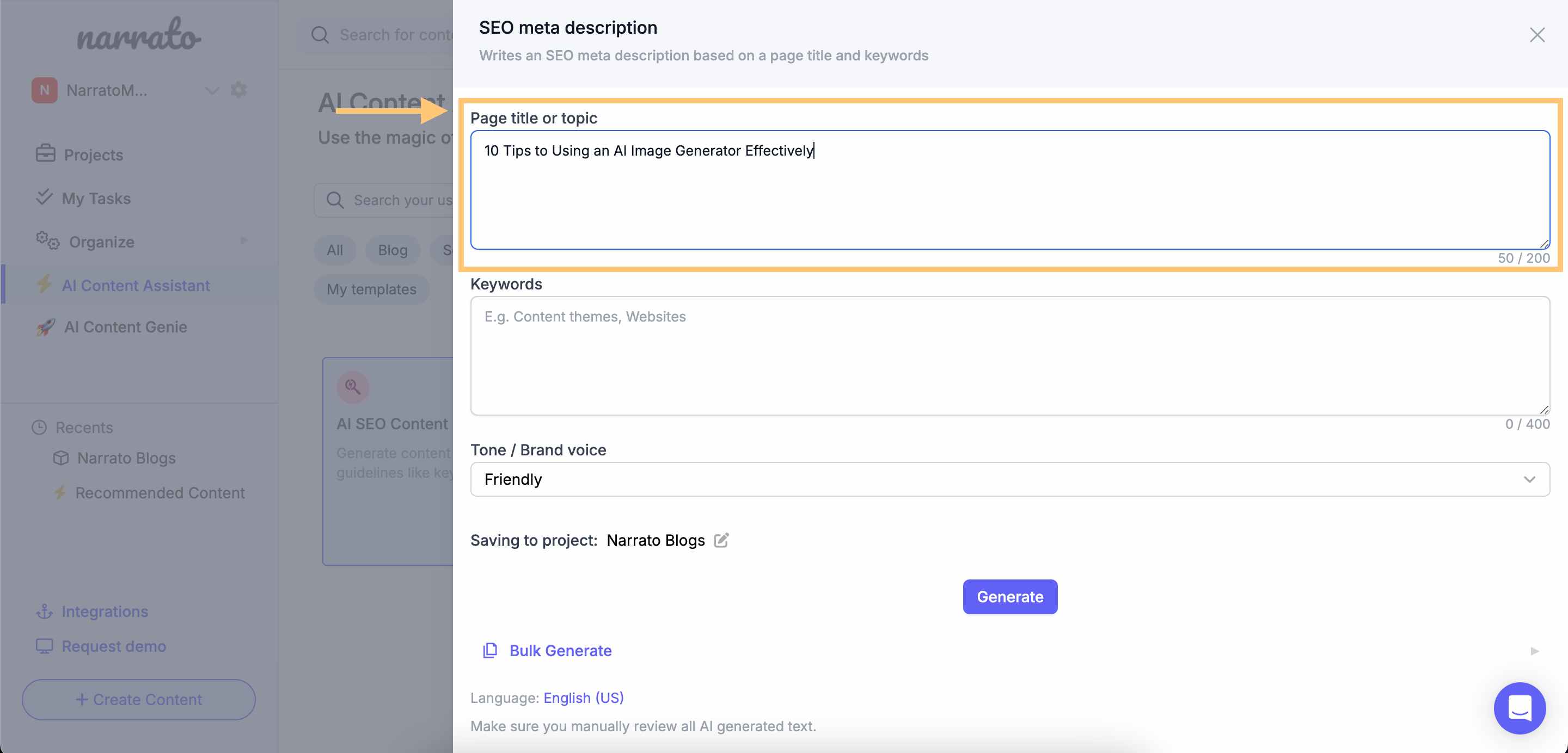 Entering the page title/topic in the AI SEO meta description generator