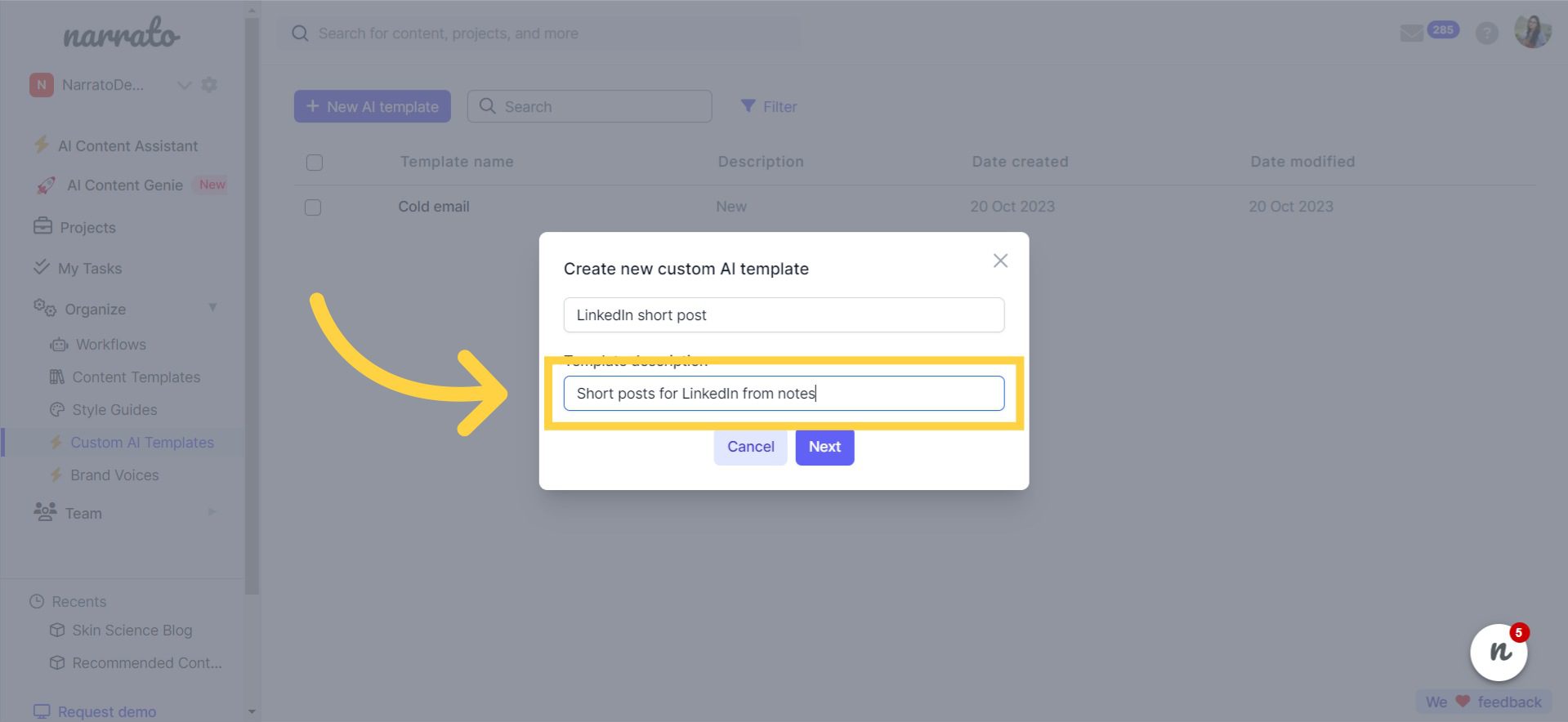 Providing a brief description of the AI template