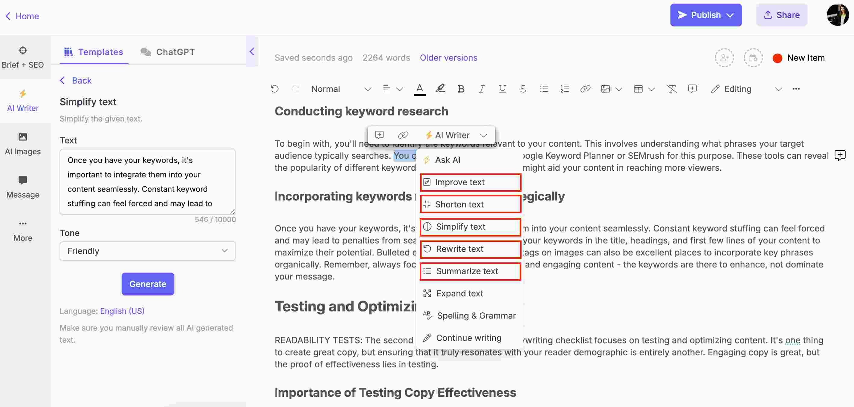 Narrato AI templates to help with text summarization