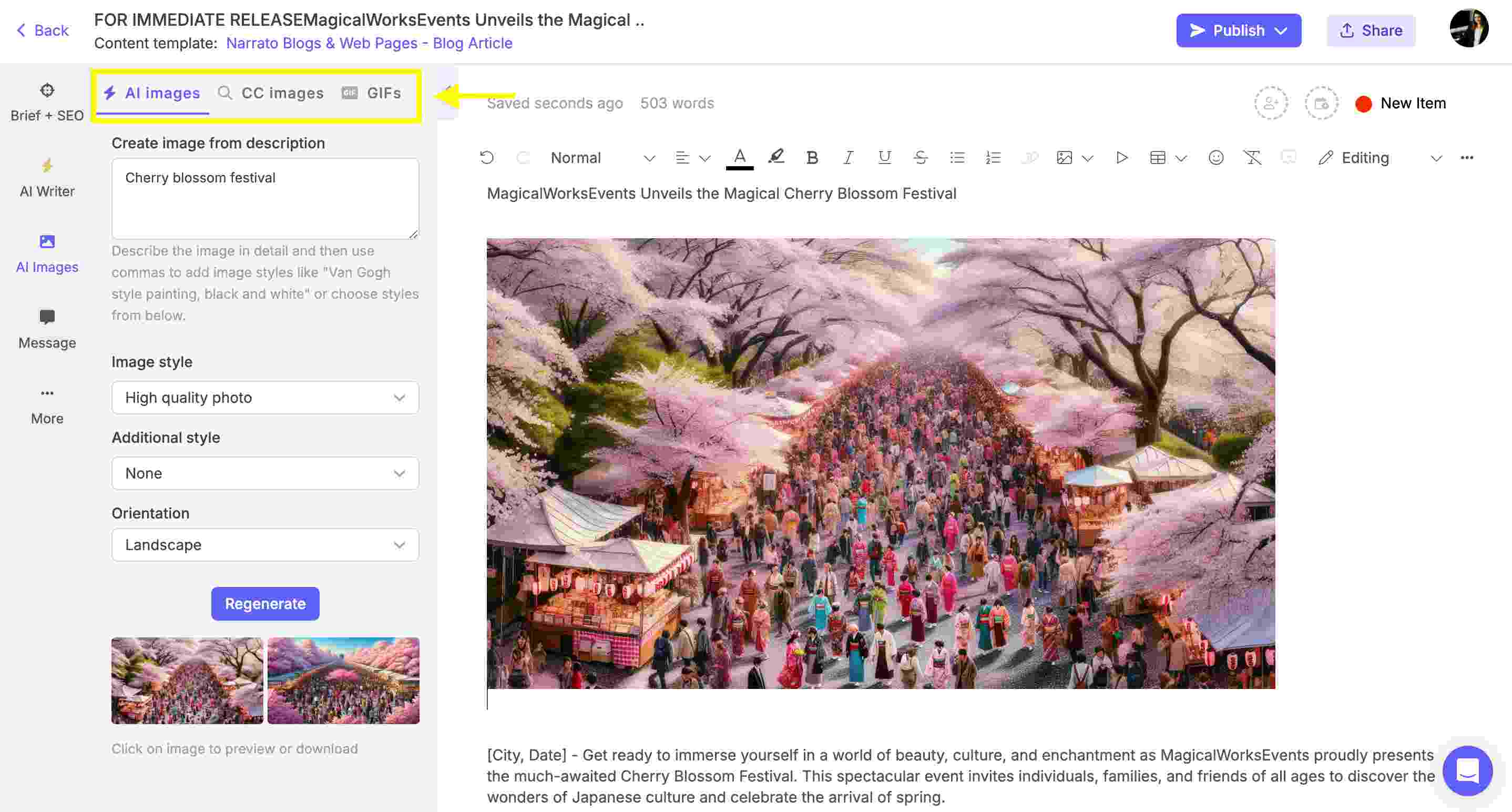 Narrato’s AI image generator + GIF and CC Image search