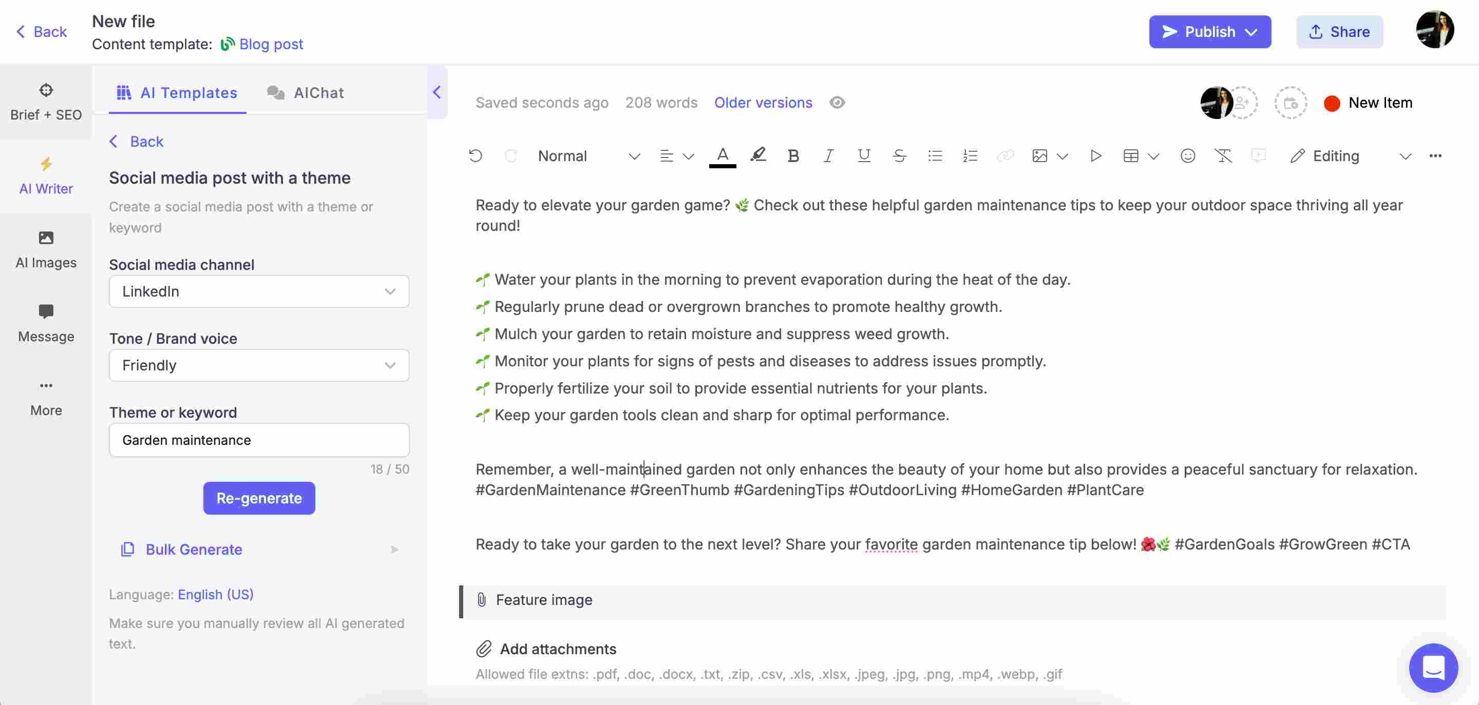 Narrato's AI social media post generator in action