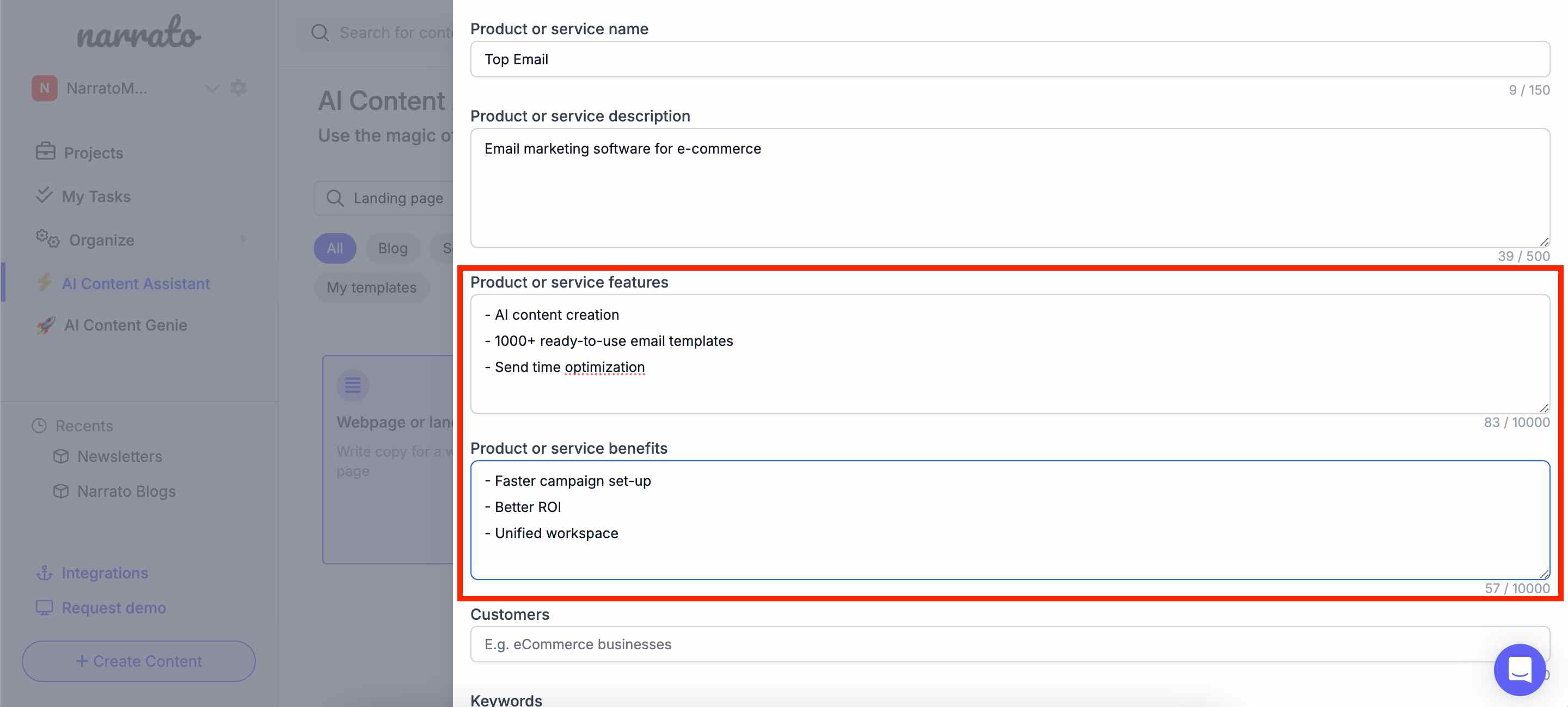 Entering the benefits and features of your product/service in the AI landing page generator