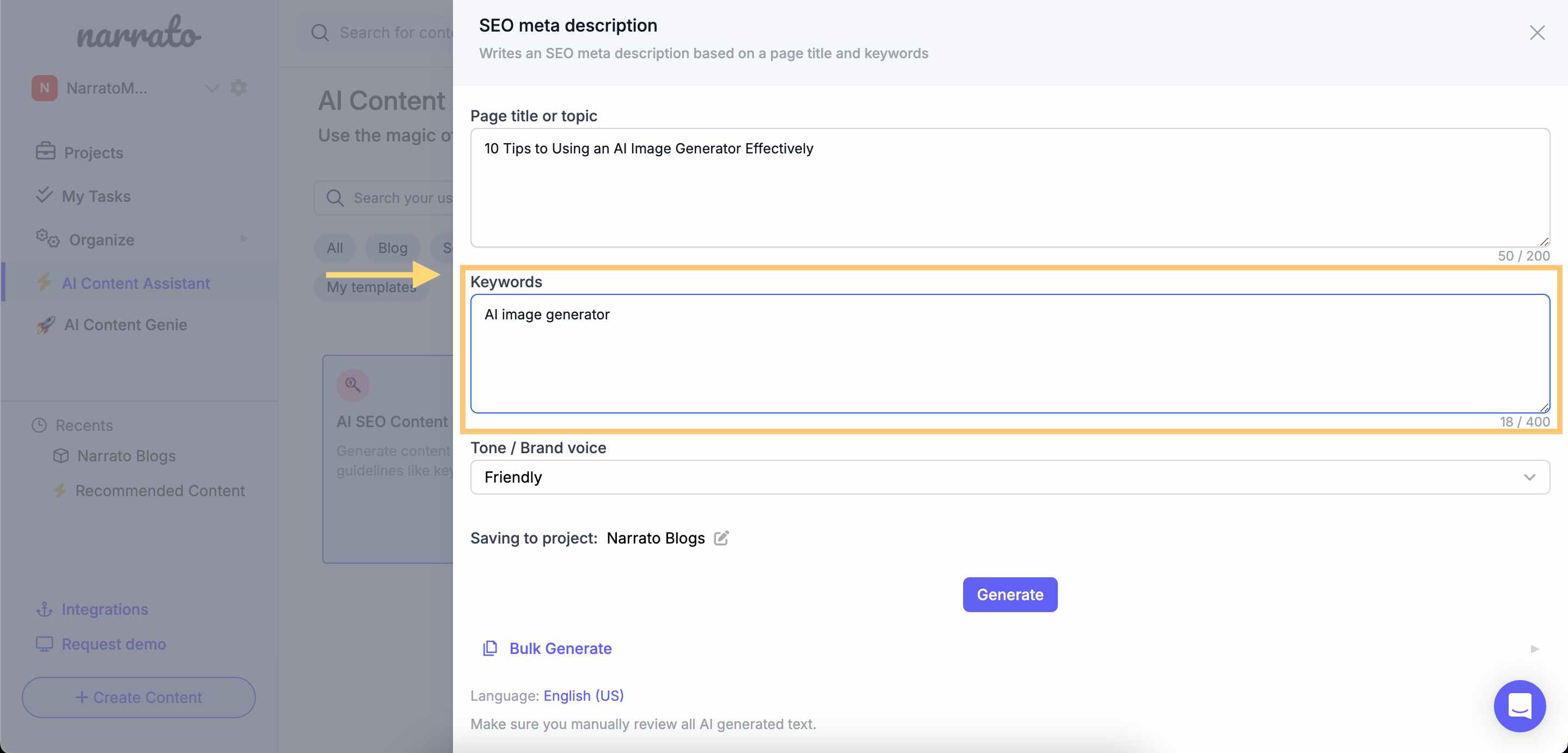 Inputting keywords in the AI SEO meta description generator