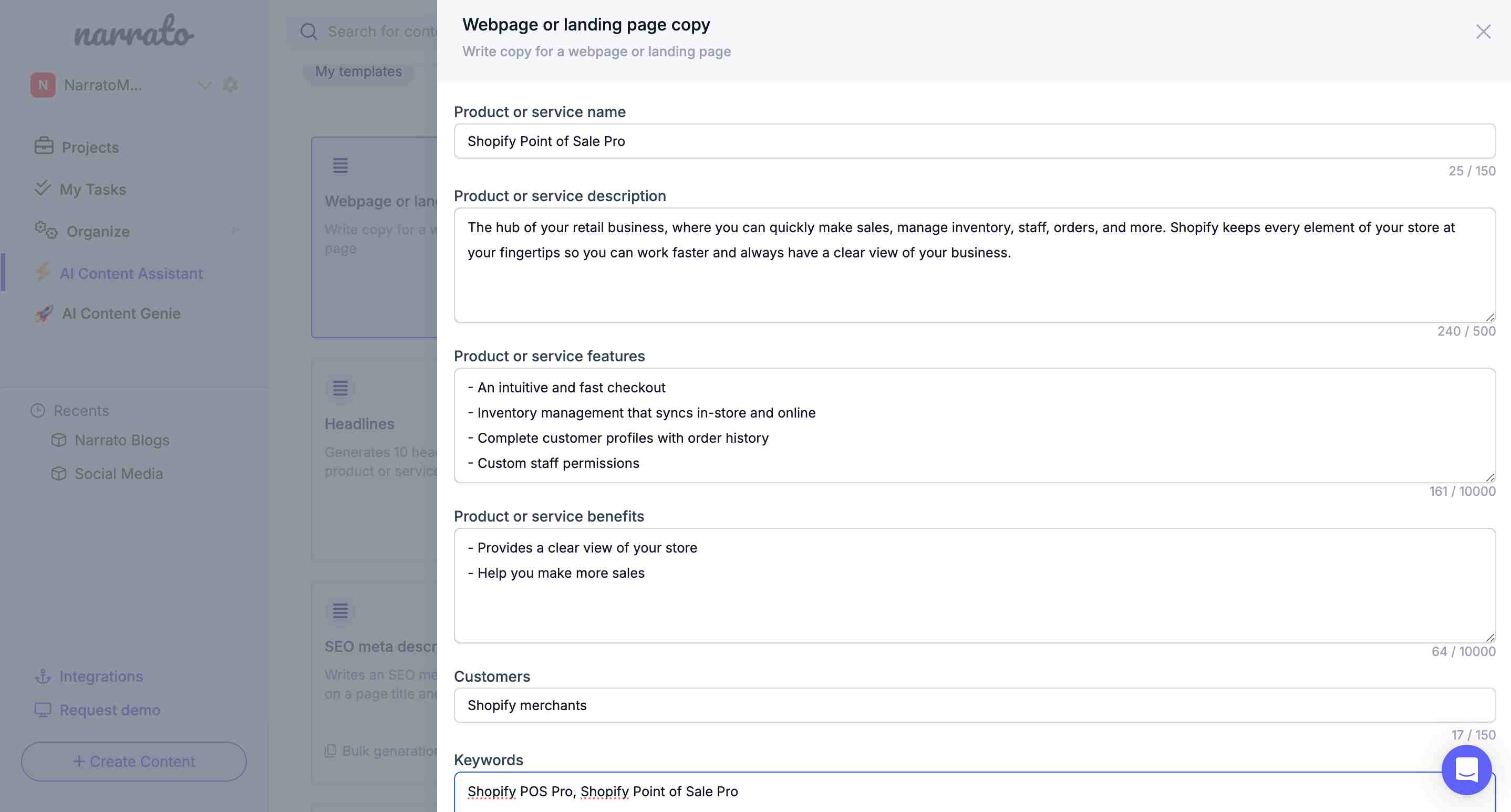 AI landing page generator on Narrato