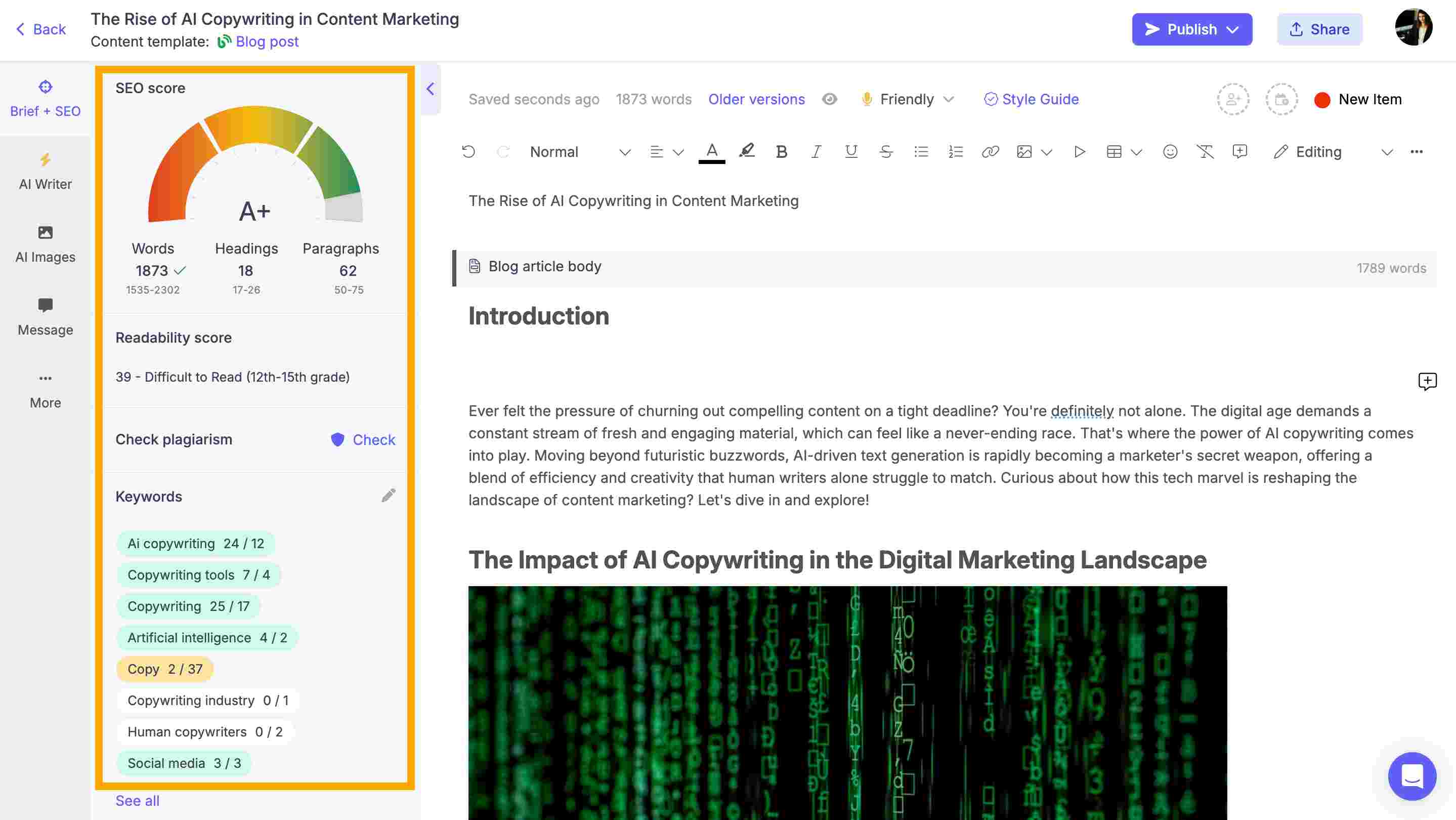 SEO score and keyword tracker on Narrato