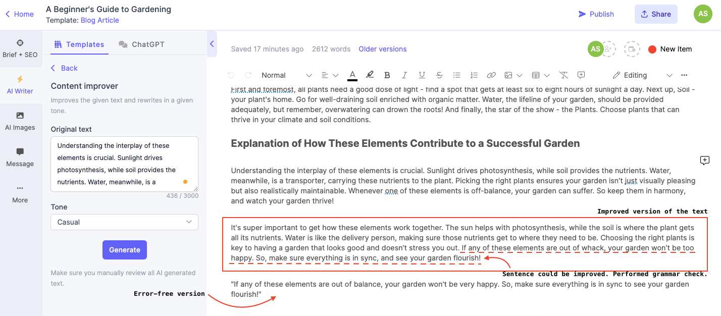Narrato’s AI Content Improver and Grammar and Spelling Check Use Cases