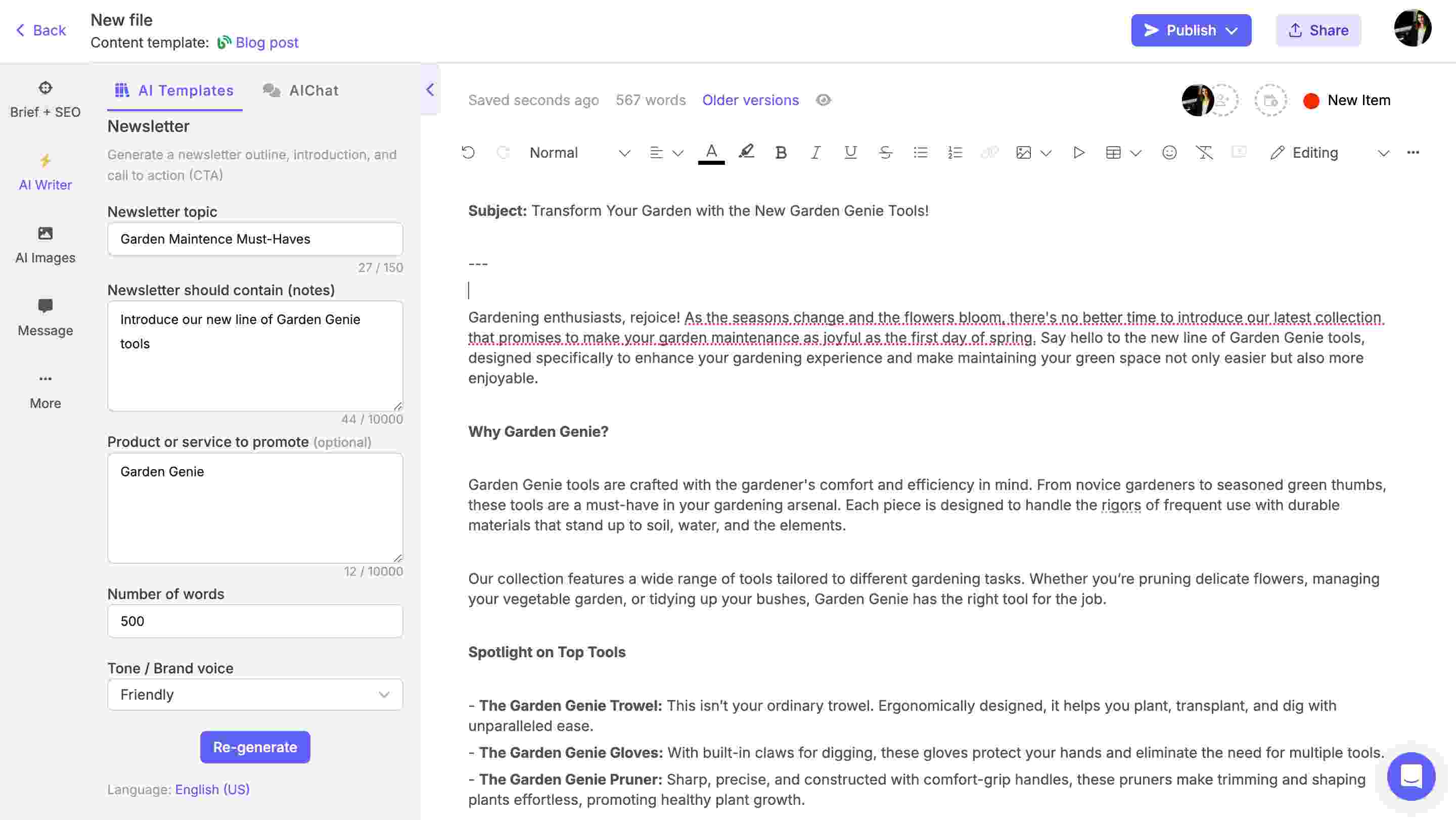 Narrato's 'Newsletter' AI content template
