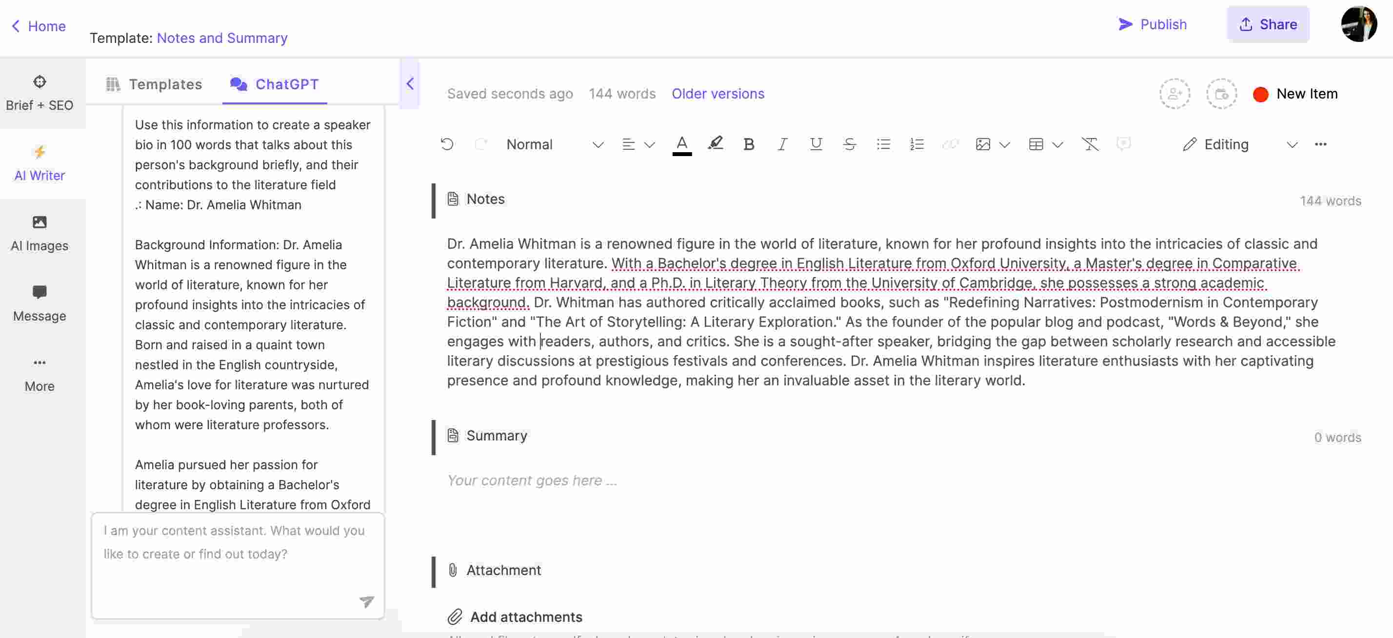 Using AI Chat to create a speaker bio