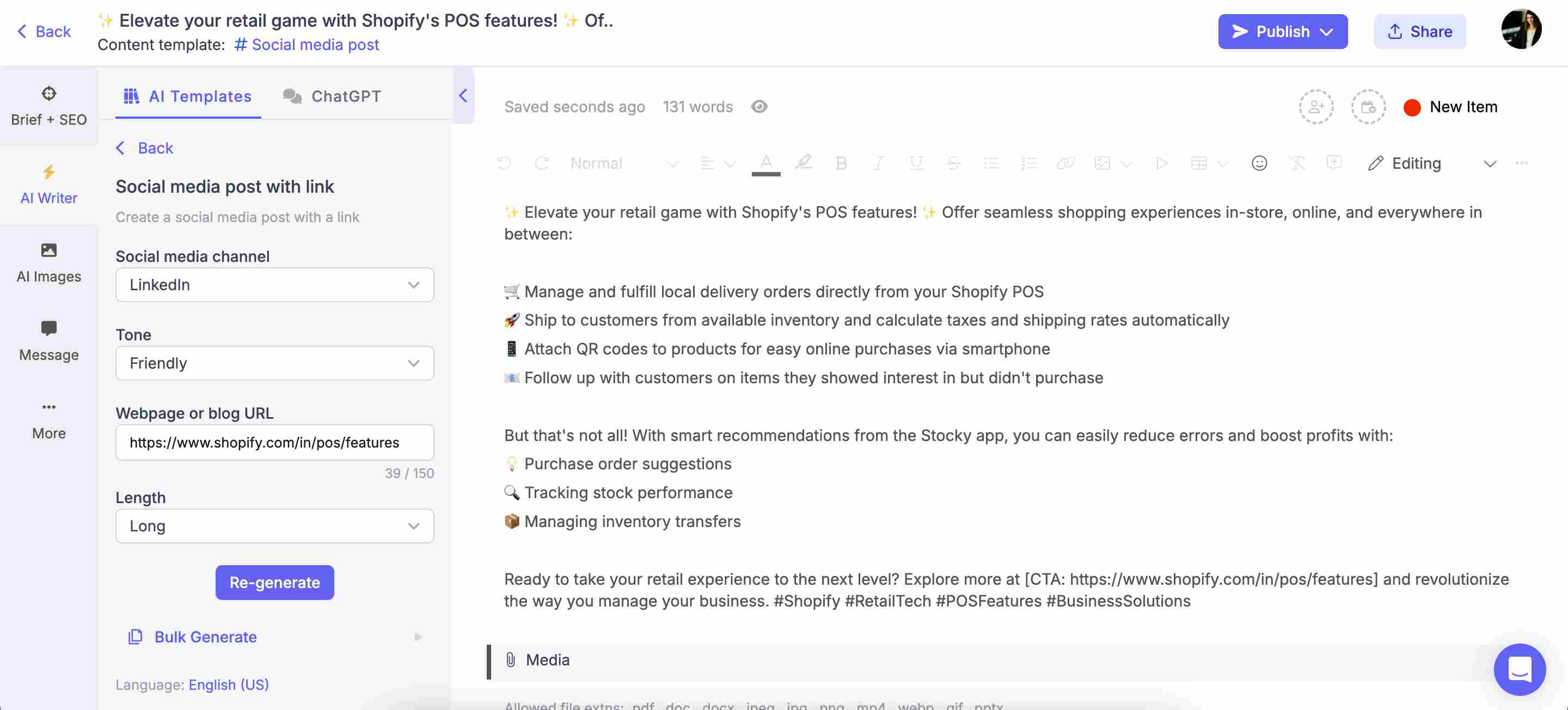 Narrato’s AI social post generator from URL