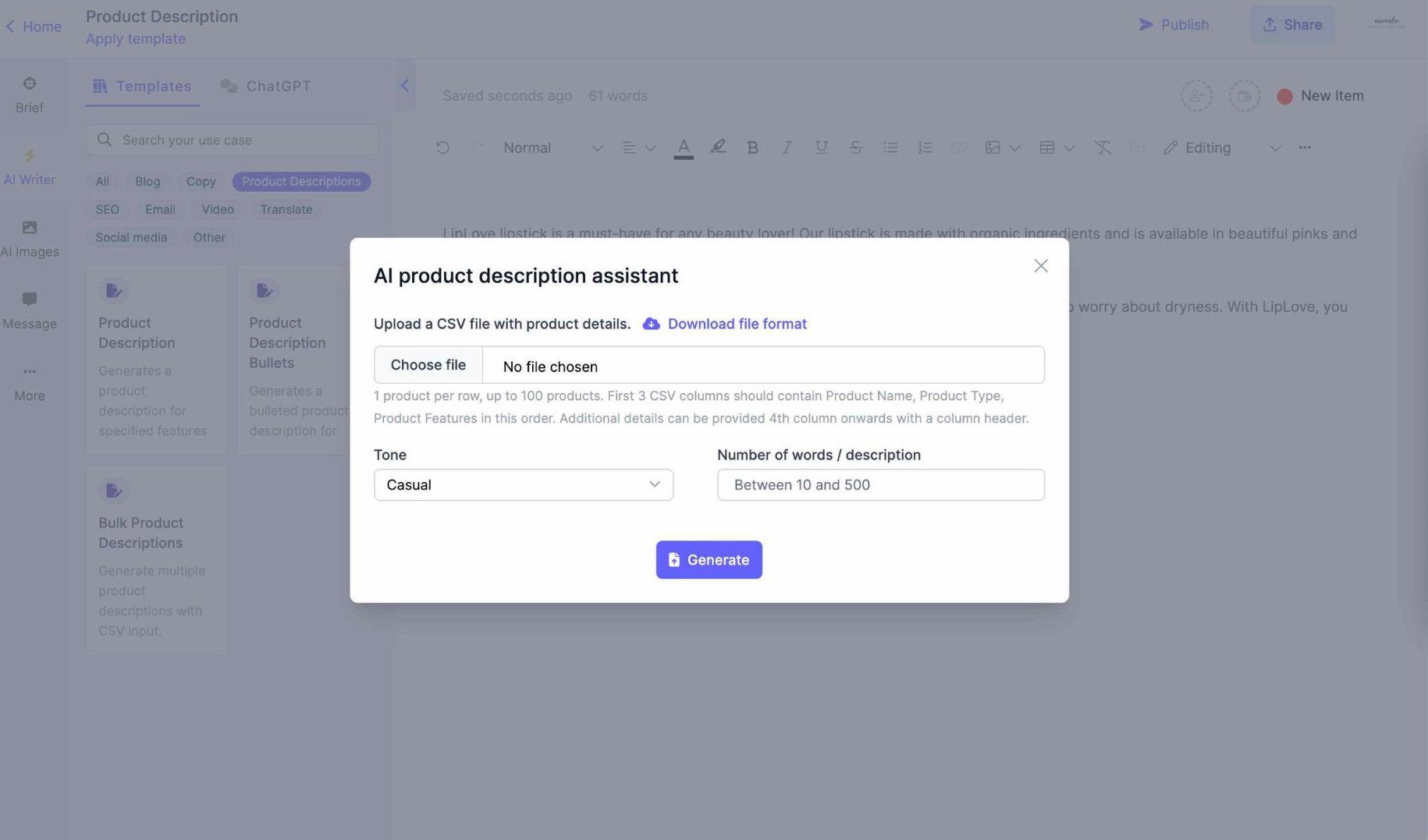 Narrato’s AI bulk product description generator
