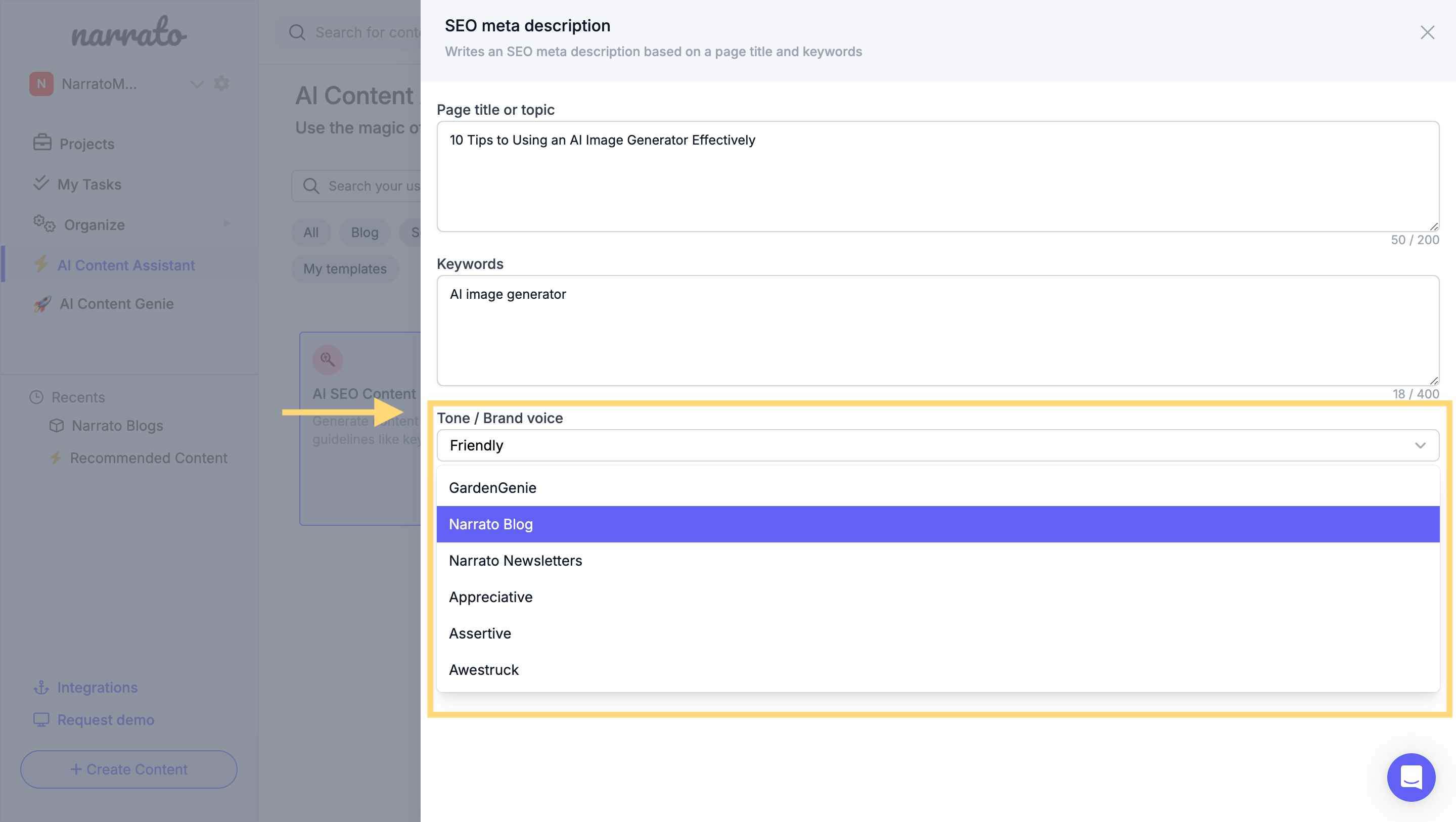 Specifying the tone for the SEO meta description and title