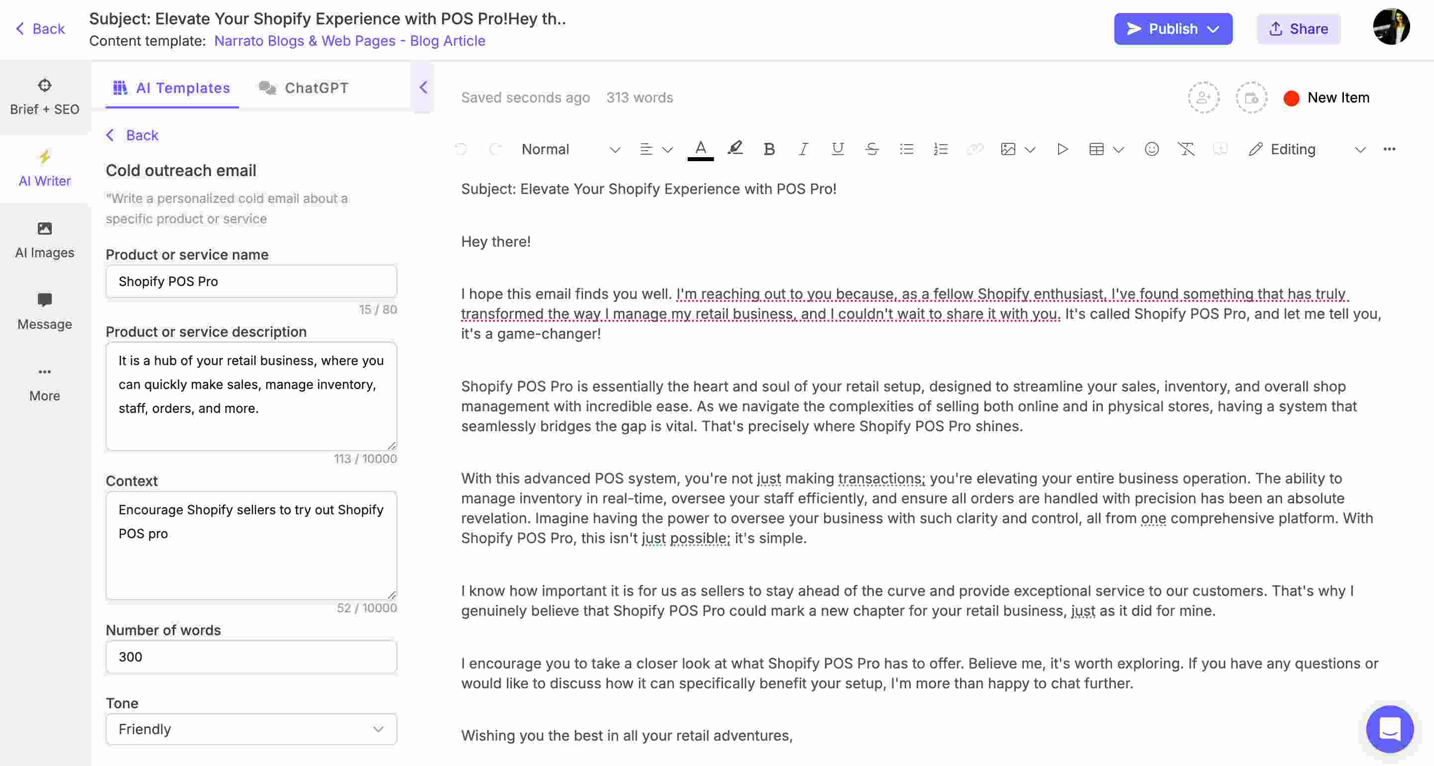 Narrato’s AI cold outreach email generator