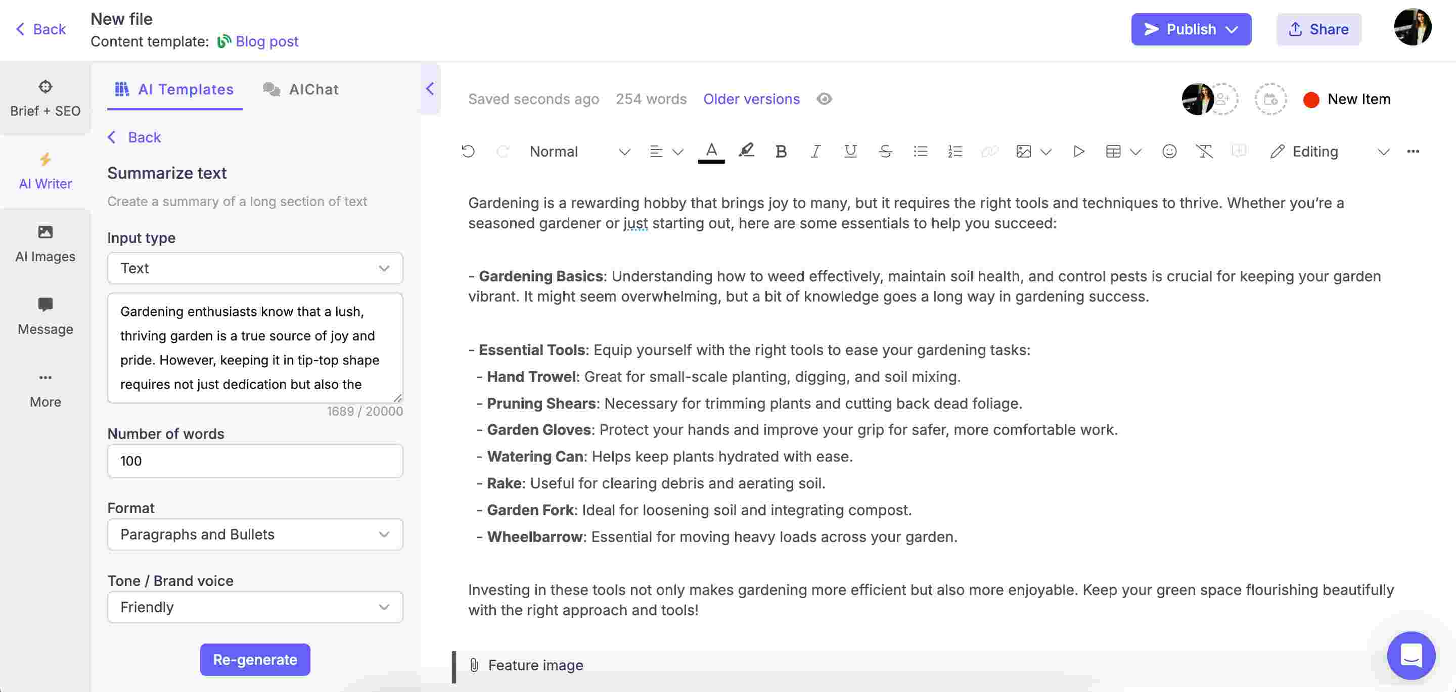 Using Narrato's AI summary generator to create an abstract