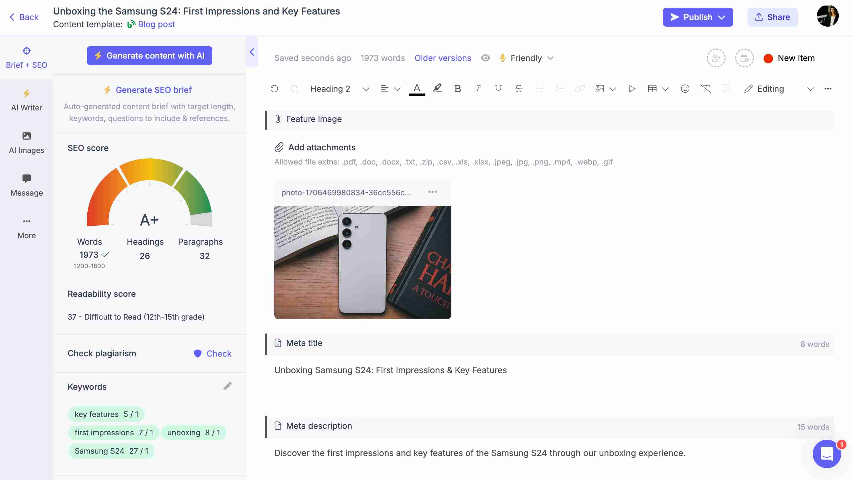 Feature image, meta title and description for the product review