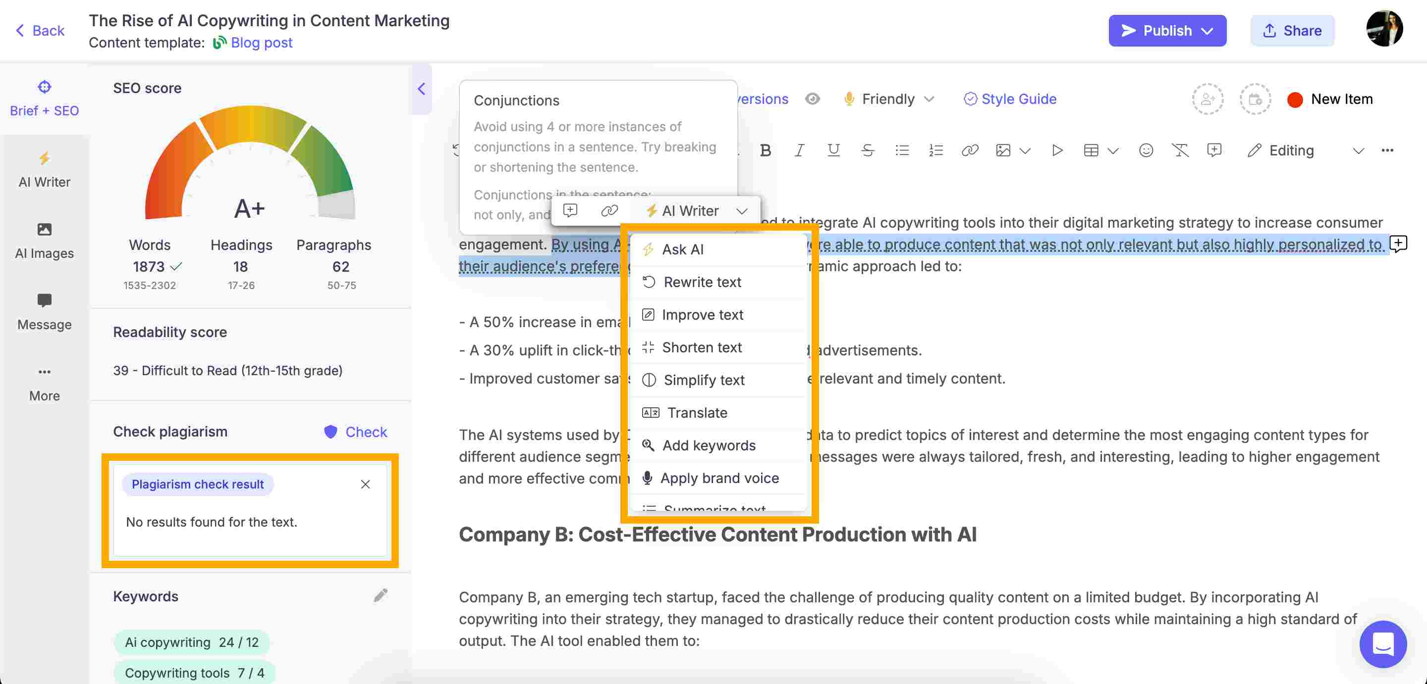 In-line AI writer and plagiarism checker