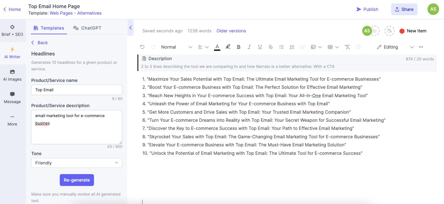 Generating web page headlines using Narrato’s AI copywriter