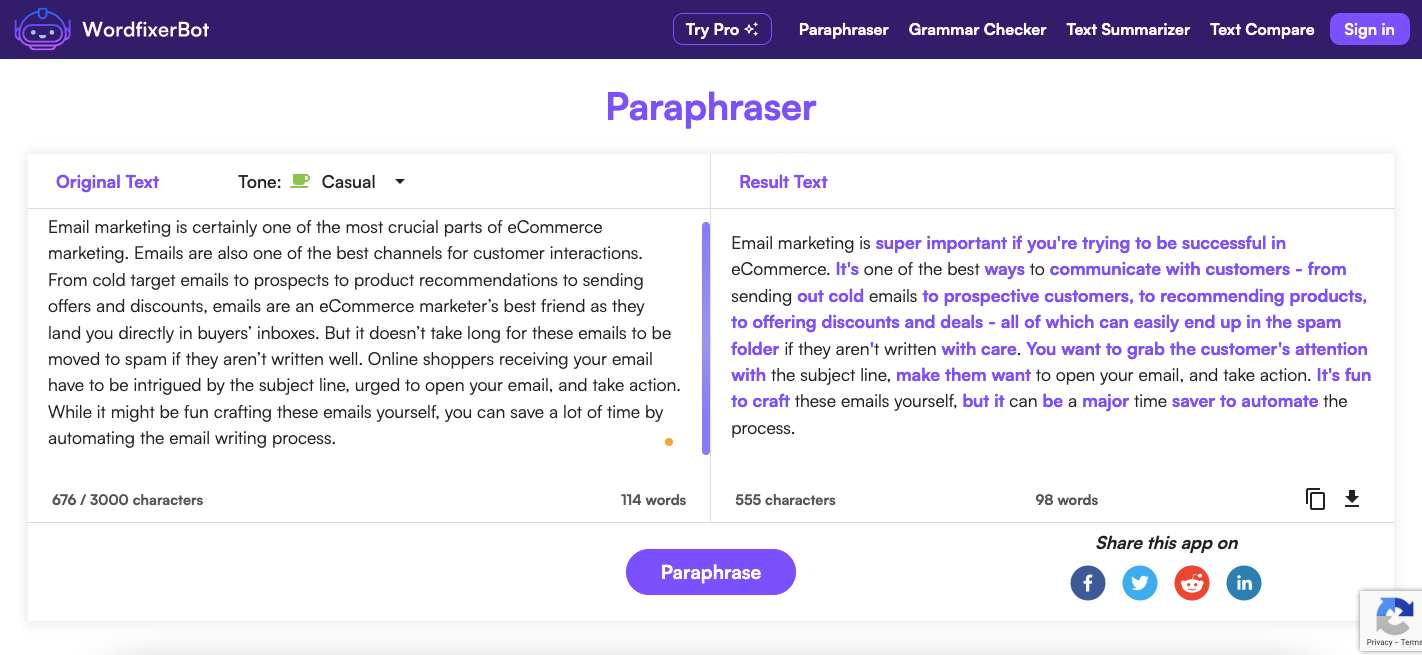WordfixerBot AI paraphrasing tool